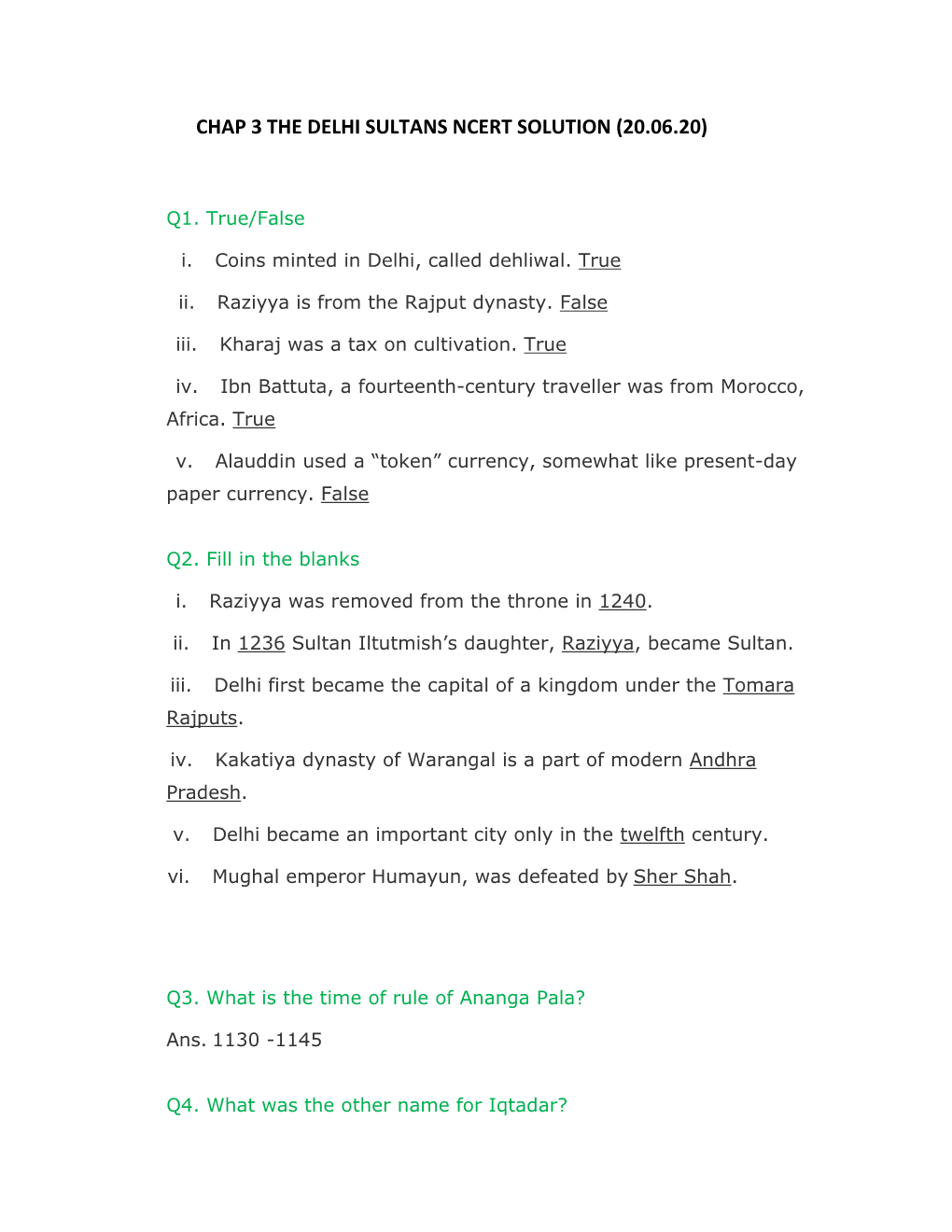 Chap 3 the Delhi Sultans Ncert Solution (20.06.20)