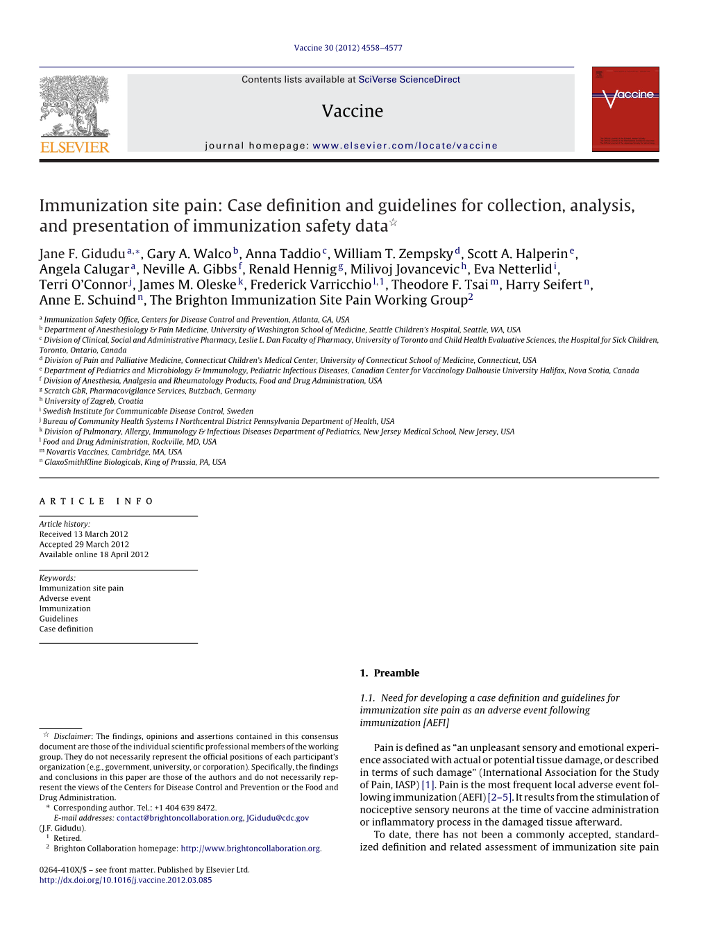 Immunization Site Pain: Case Deﬁnition and Guidelines for Collection, Analysis