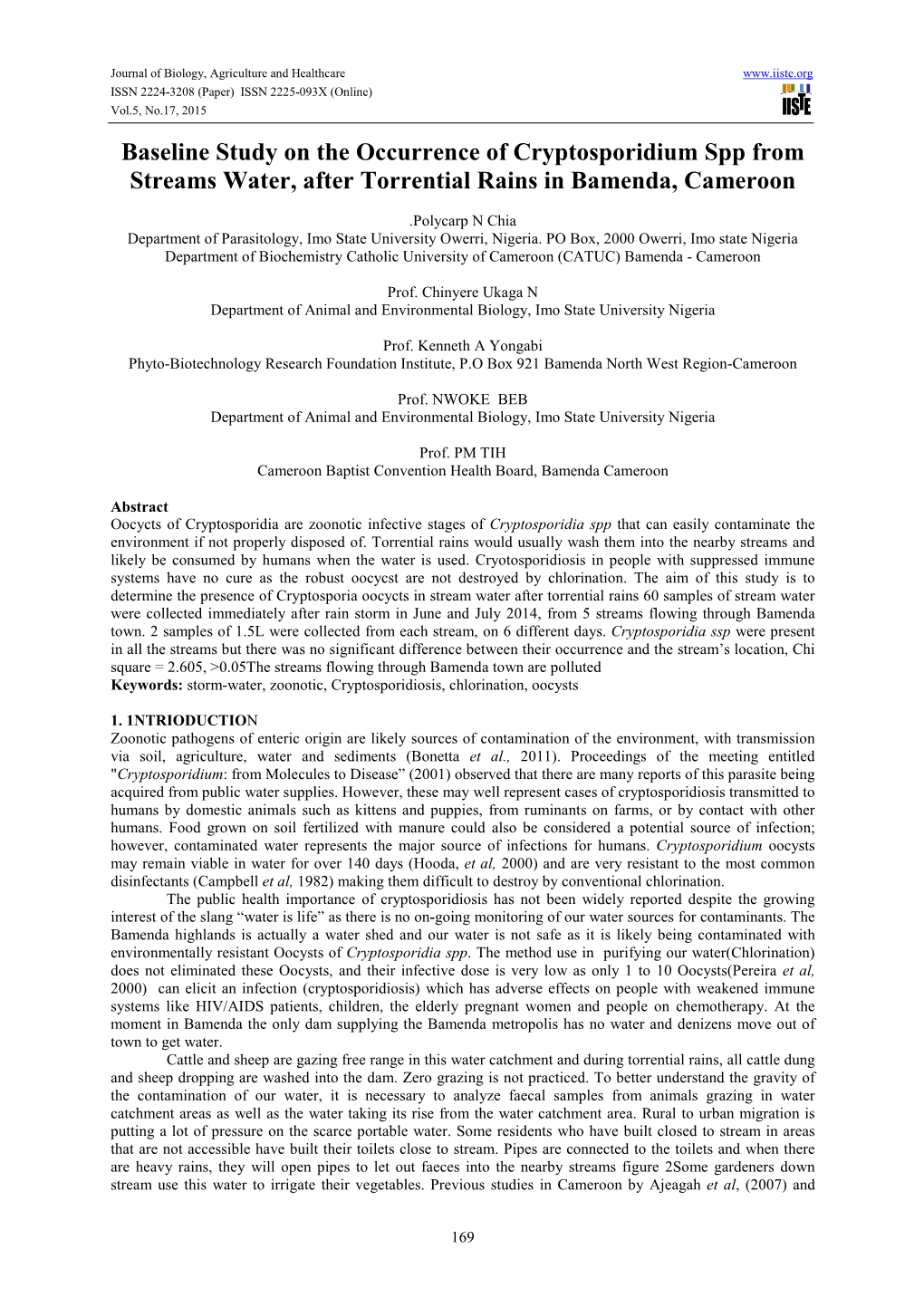 Baseline Study on the Occurrence of Cryptosporidium Spp from Streams Water, After Torrential Rains in Bamenda, Cameroon