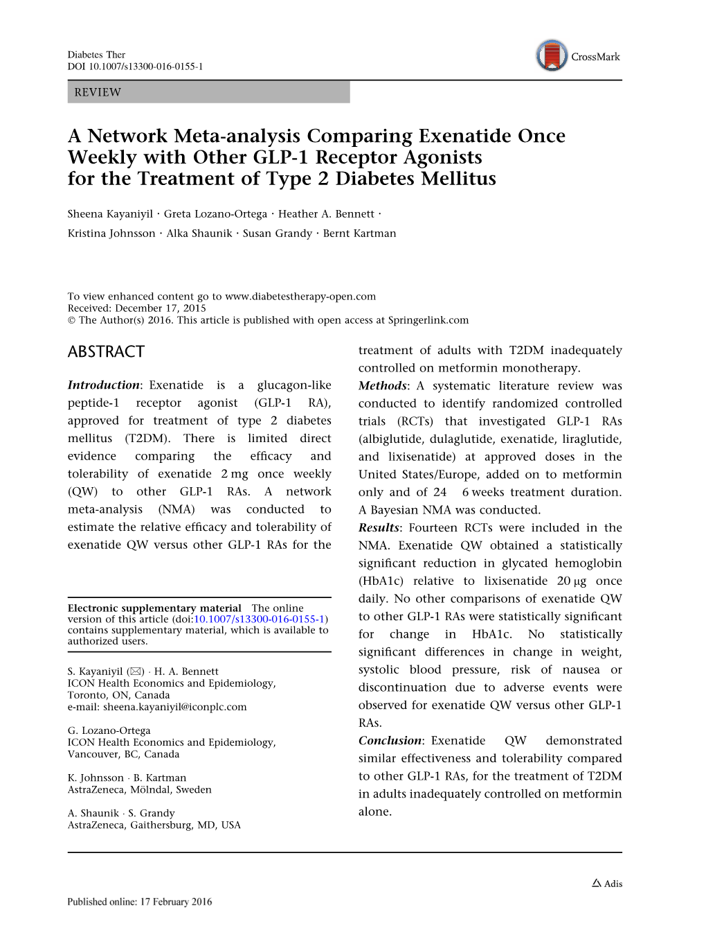 A Network Meta-Analysis Comparing Exenatide Once Weekly with Other GLP-1 Receptor Agonists for the Treatment of Type 2 Diabetes Mellitus