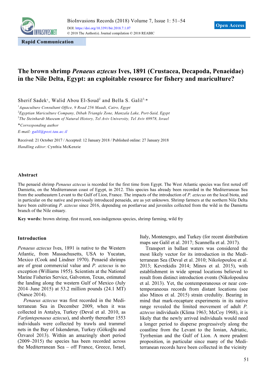 The Brown Shrimp Penaeus Aztecus Ives, 1891 (Crustacea, Decapoda, Penaeidae) in the Nile Delta, Egypt: an Exploitable Resource for Fishery and Mariculture?