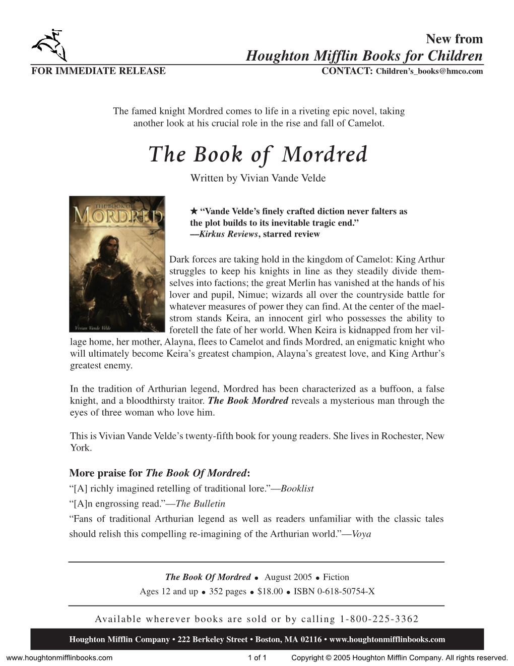 Press Release for the Book of Mordred Published by Houghton