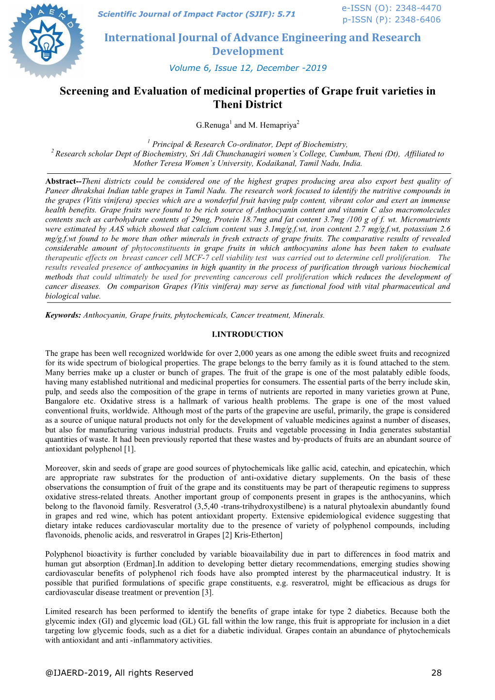 Screening and Evaluation of Medicinal Properties of Grape Fruit Varieties in Theni District