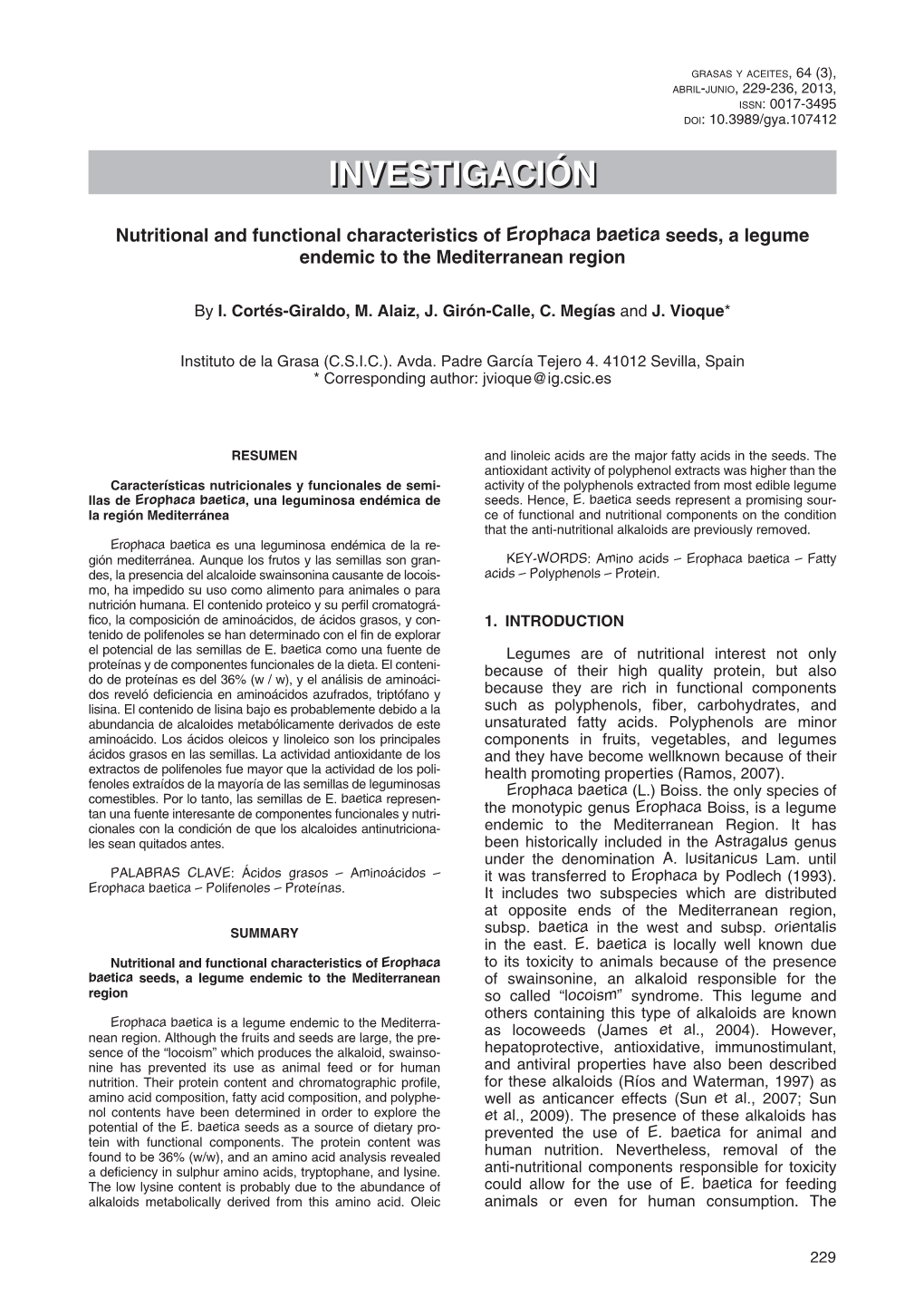 Nutritional and Functional Characteristics of Erophaca Baetica Seeds, a Legume Endemic to the Mediterranean Region