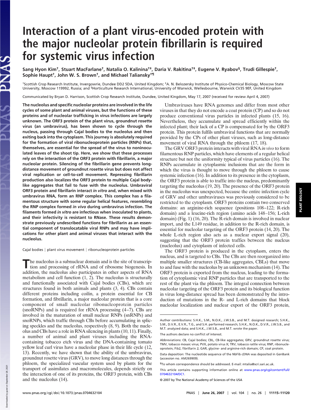 Interaction of a Plant Virus-Encoded Protein with the Major Nucleolar Protein Fibrillarin Is Required for Systemic Virus Infection