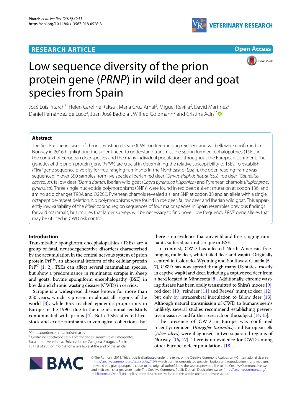 Low Sequence Diversity of the Prion Protein Gene (PRNP) in Wild Deer and Goat Species from Spain