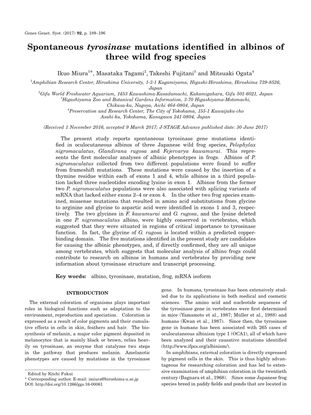 Spontaneous Tyrosinase Mutations Identified in Albinos of Three Wild Frog Species