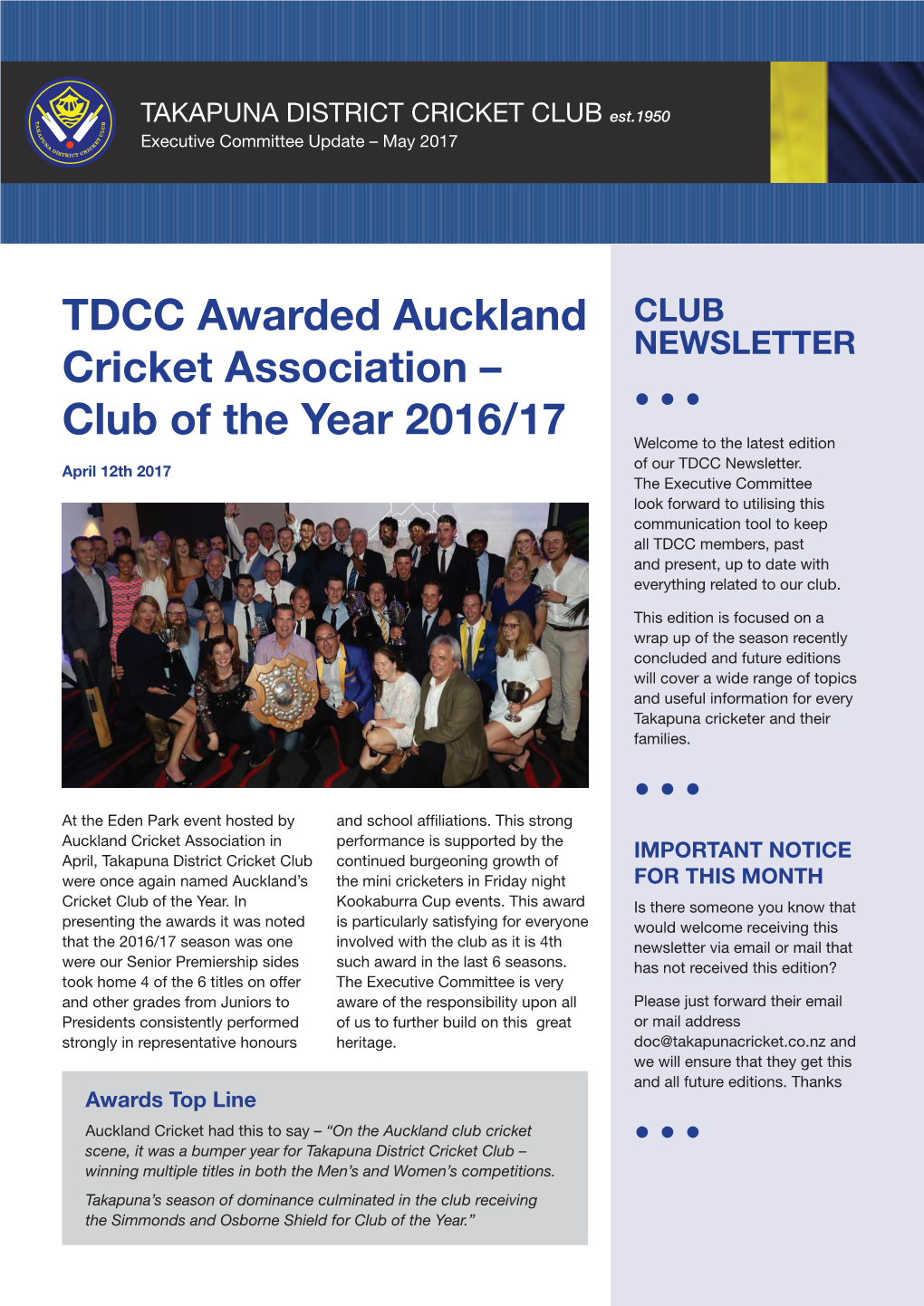 TDCC Awarded Auckland Cricket Association