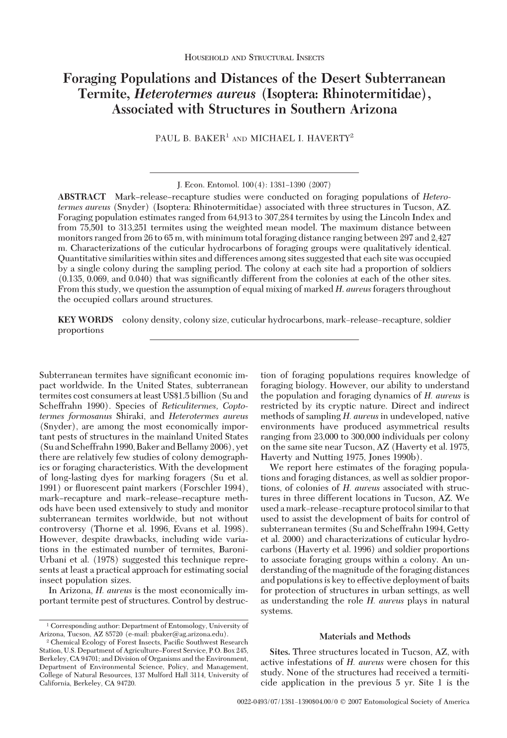 Foraging Populations and Distances of the Desert Subterranean Termite, Heterotermes Aureus (Isoptera: Rhinotermitidae), Associated with Structures in Southern Arizona