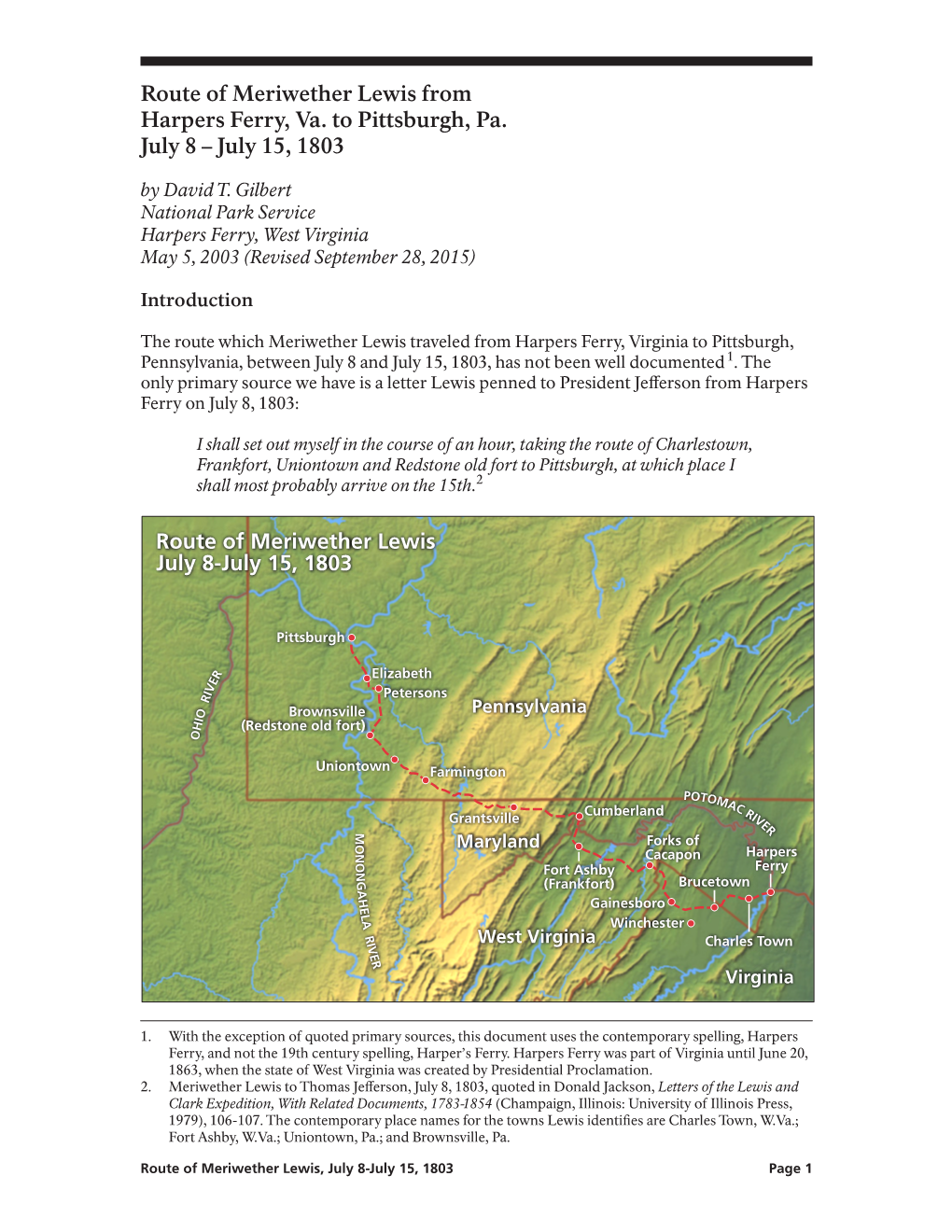 Route of Meriwether Lewis from Harpers Ferry, Va. to Pittsburgh, Pa