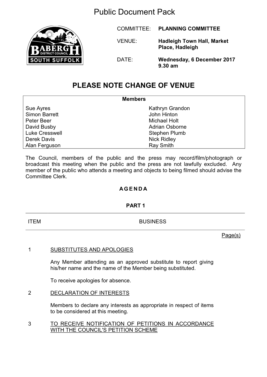 (Public Pack)Agenda Document for Babergh Planning Committee, 06/12/2017 09:30