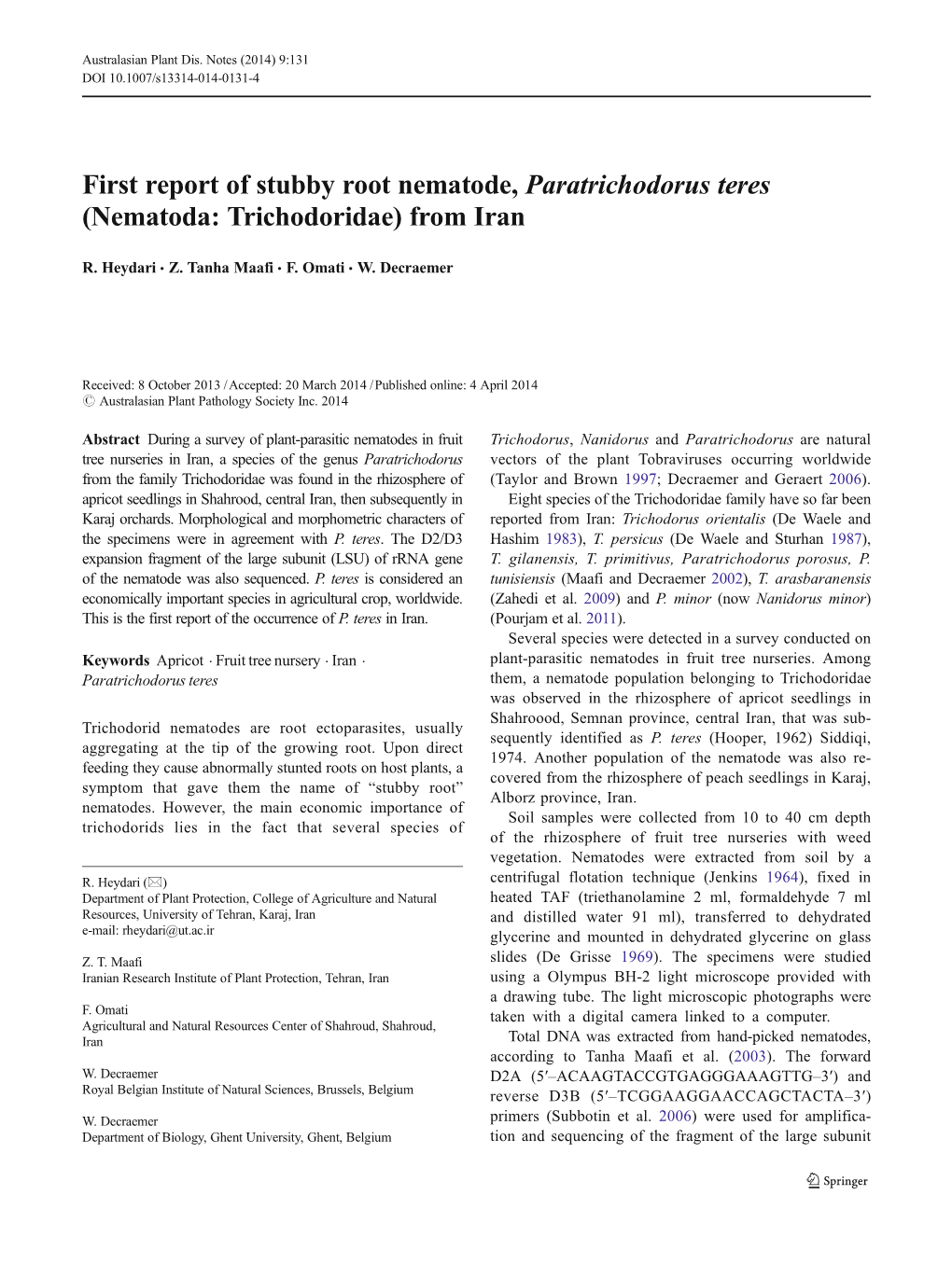 First Report of Stubby Root Nematode, Paratrichodorus Teres (Nematoda: Trichodoridae) from Iran