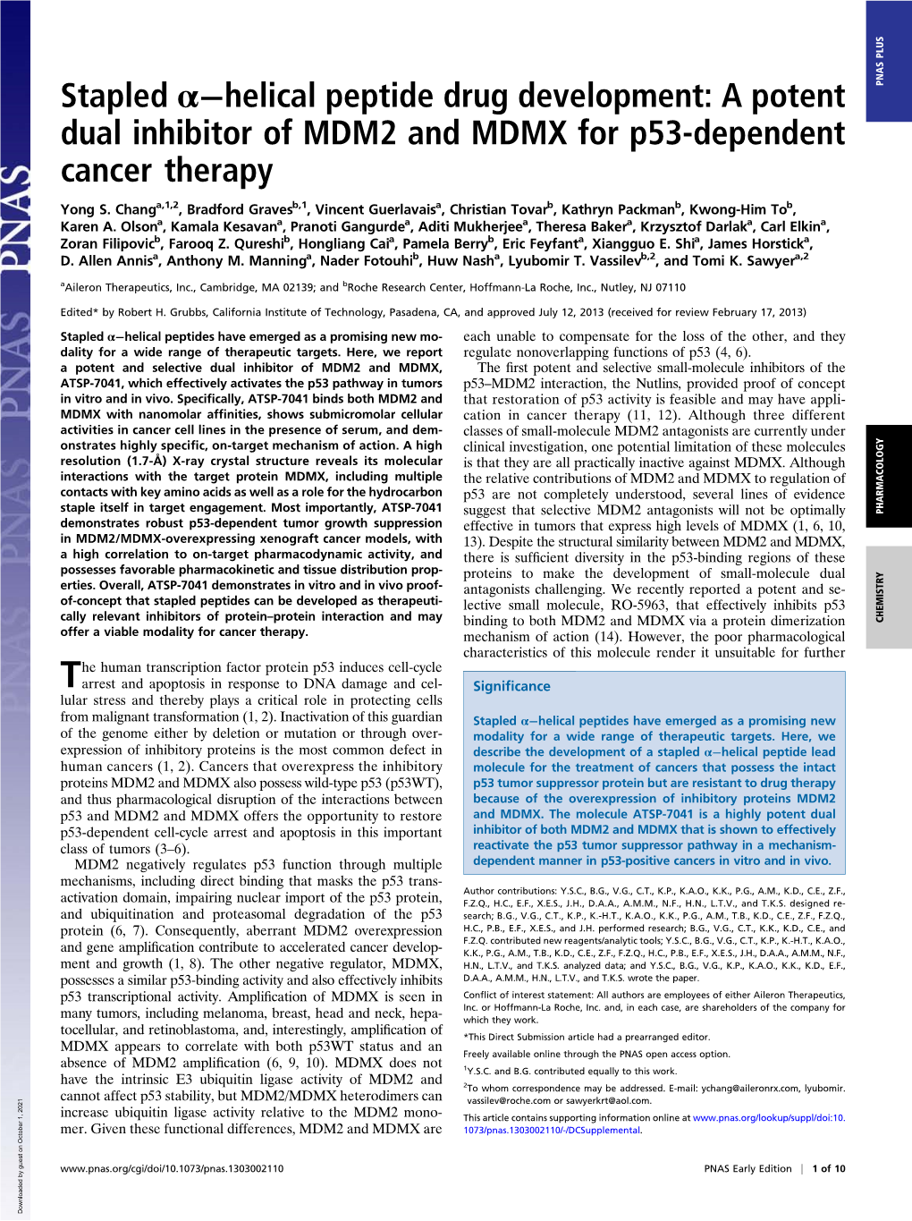 Stapled Α−Helical Peptide Drug Development: a Potent PNAS PLUS Dual Inhibitor of MDM2 and MDMX for P53-Dependent Cancer Therapy