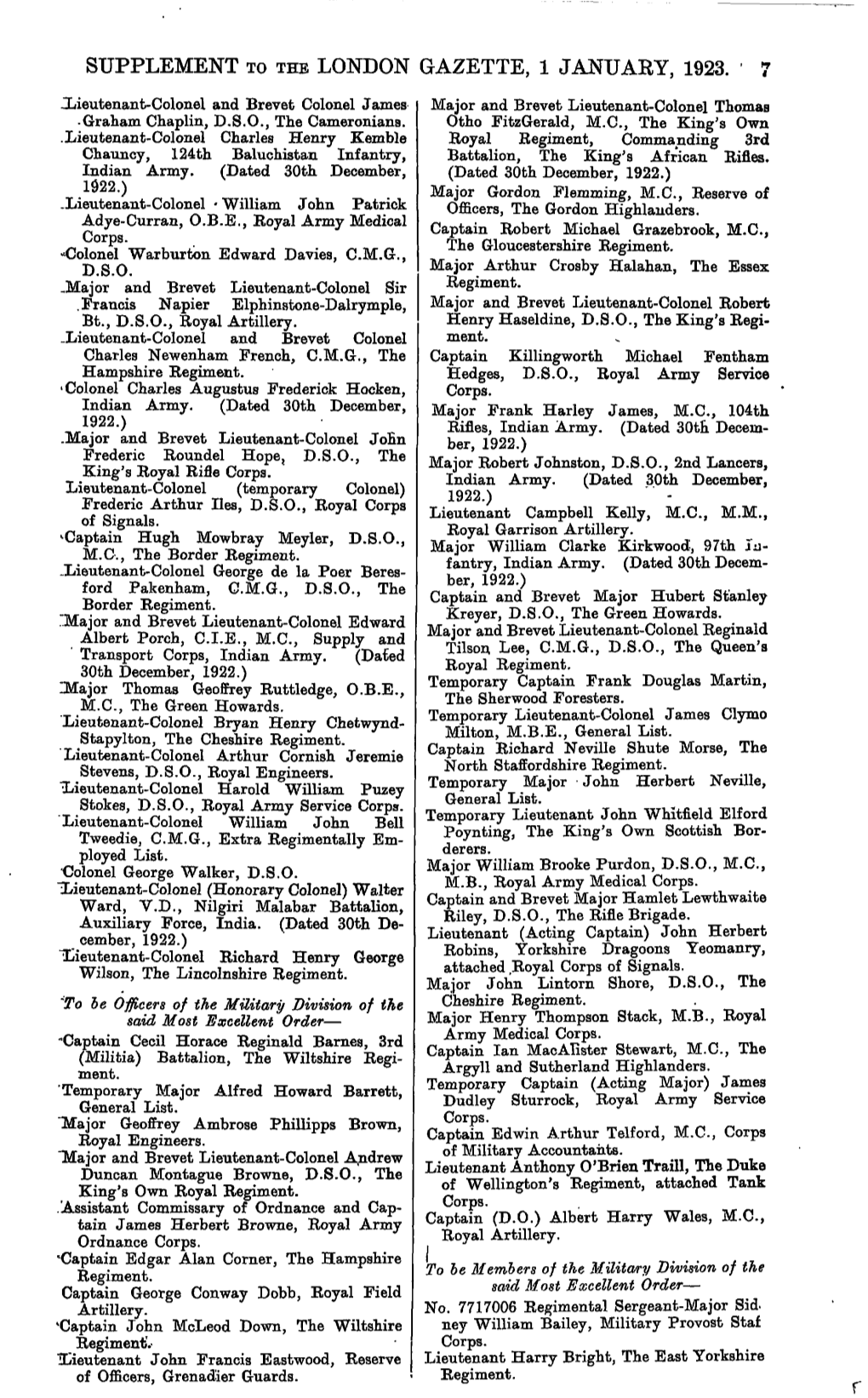 Supplement to the London Gazette, 1 January, 1923