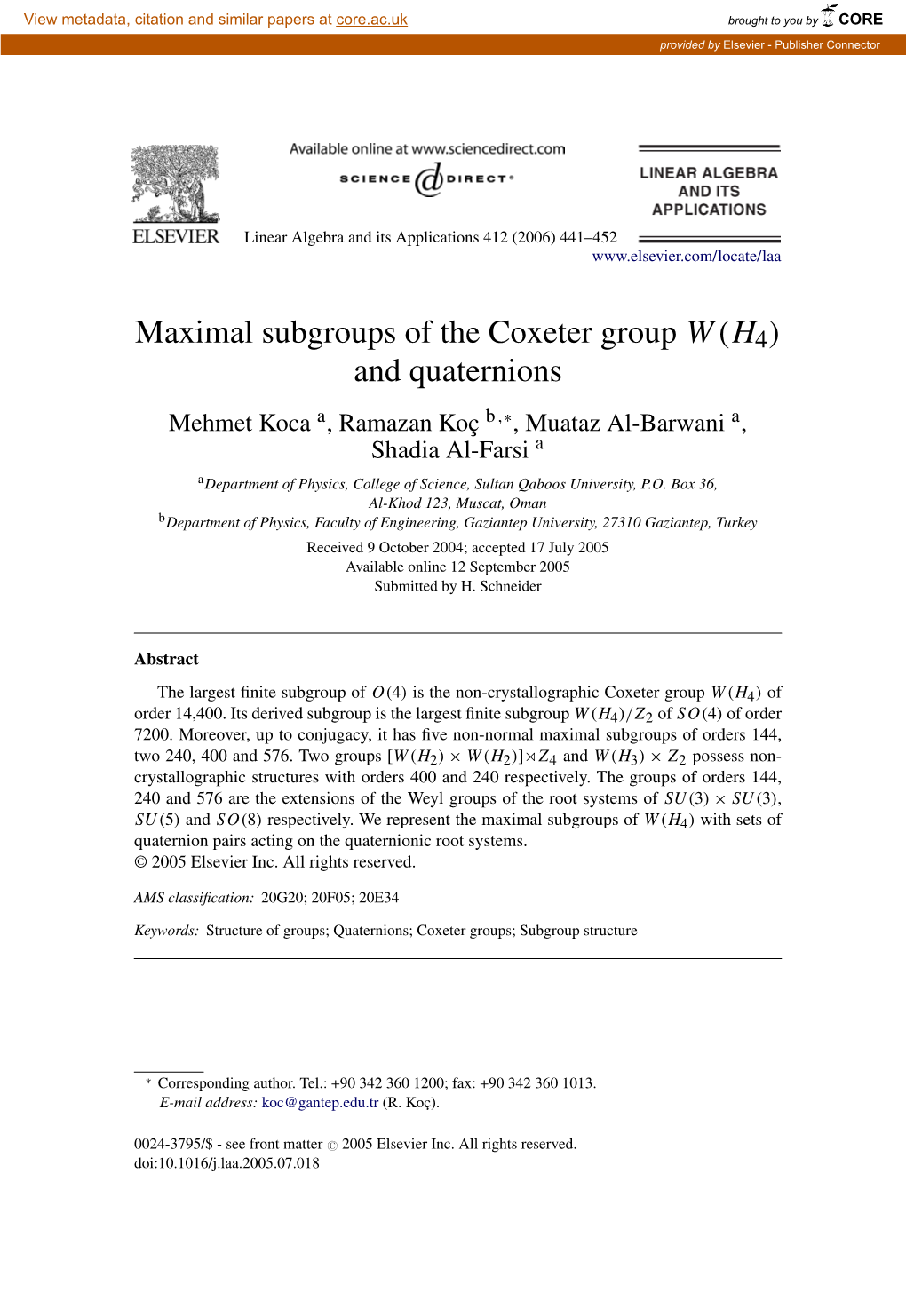 Maximal Subgroups of the Coxeter Group W(H4) and Quaternions