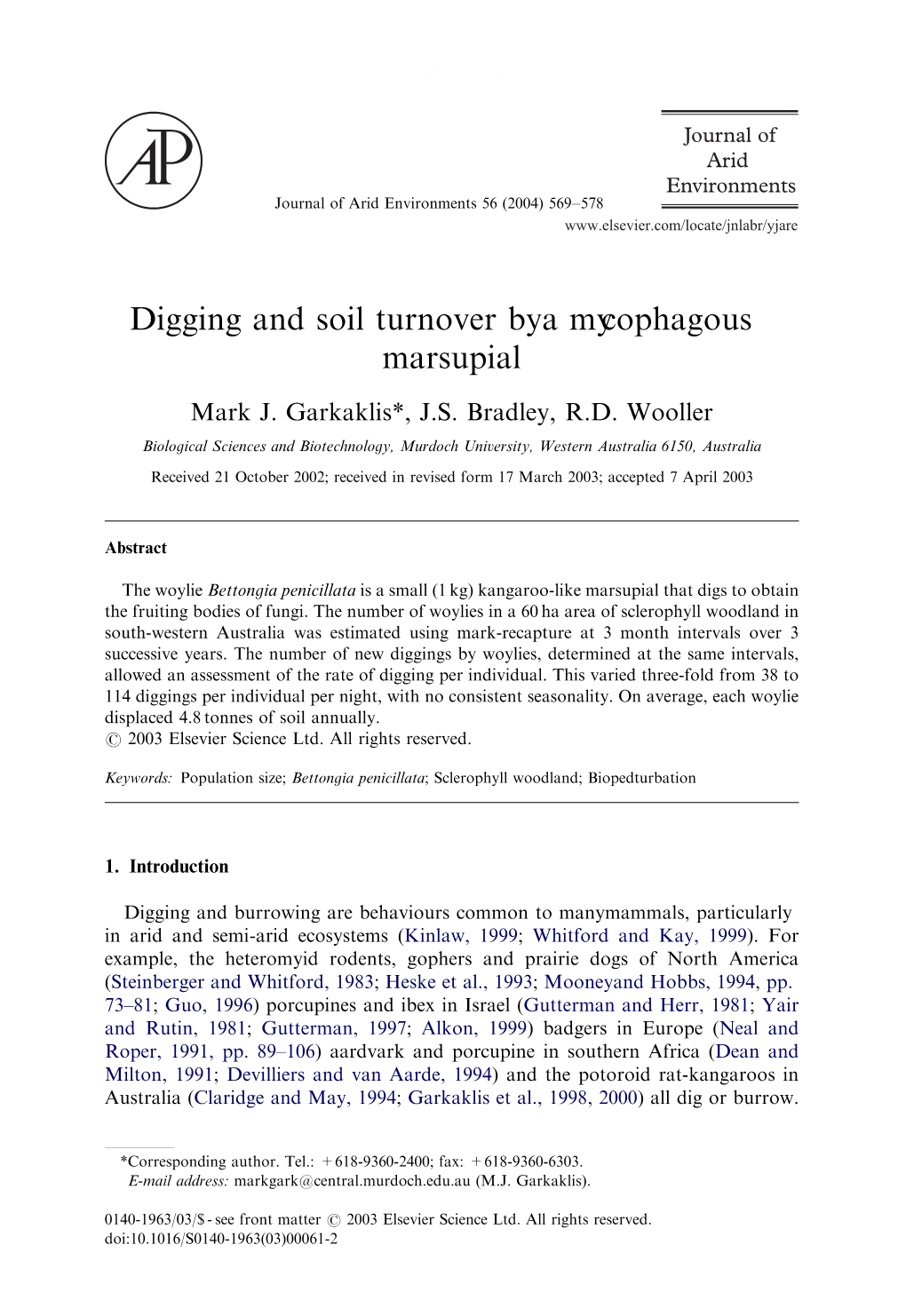 Digging and Soil Turnover by a Mycophagous Marsupial