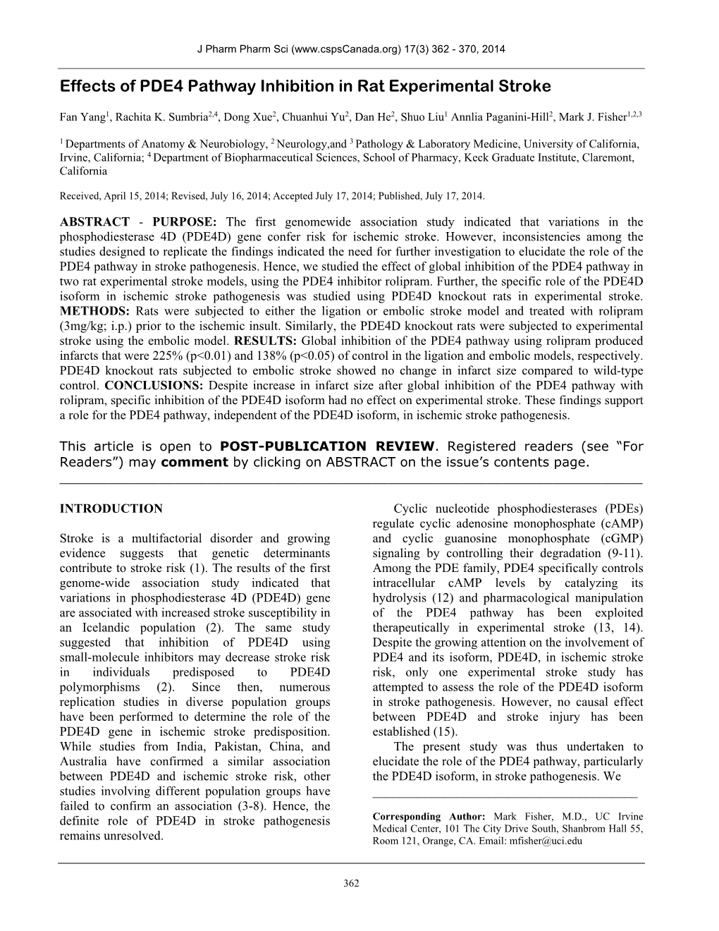 Effects of PDE4 Pathway Inhibition in Rat Experimental Stroke