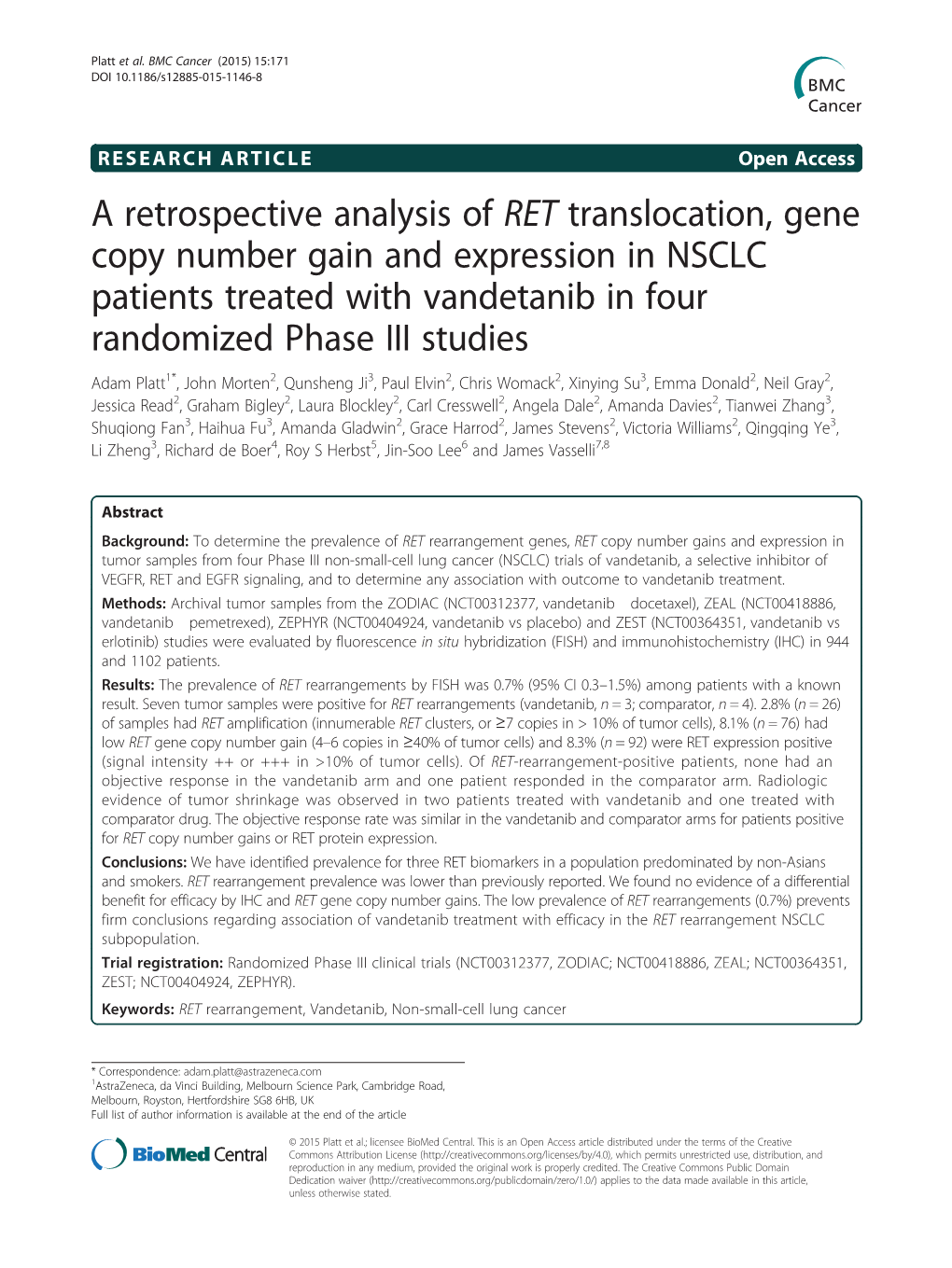 A Retrospective Analysis of RET Translocation, Gene Copy Number