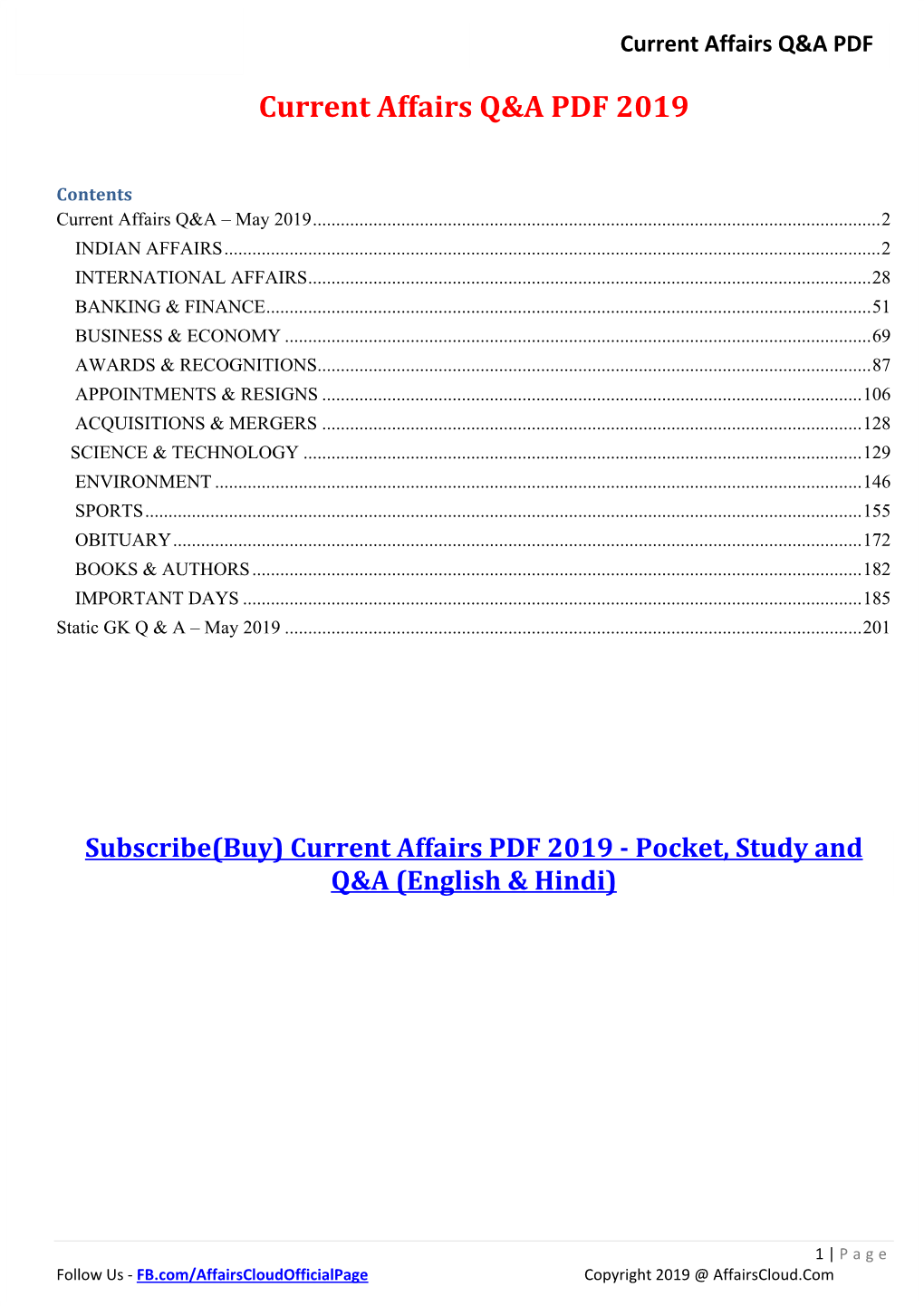 Current Affairs Q&A PDF 2019