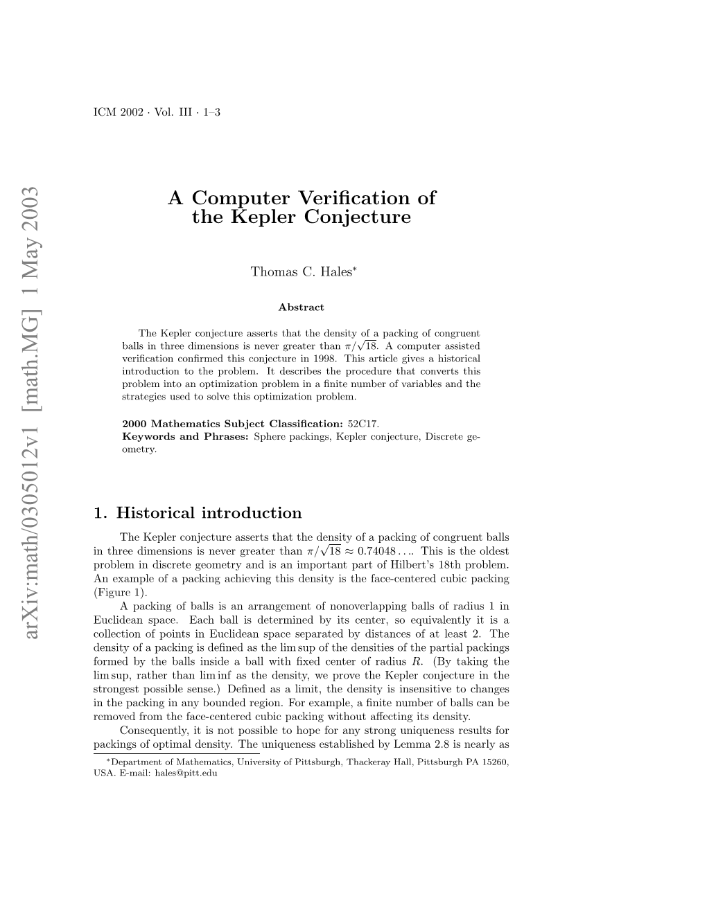 A Computer Verification of the Kepler Conjecture