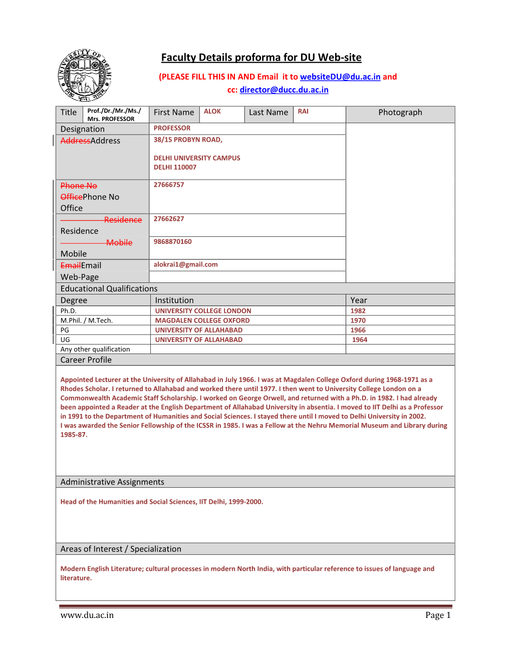 Faculty Details Proforma for DU Web-Site