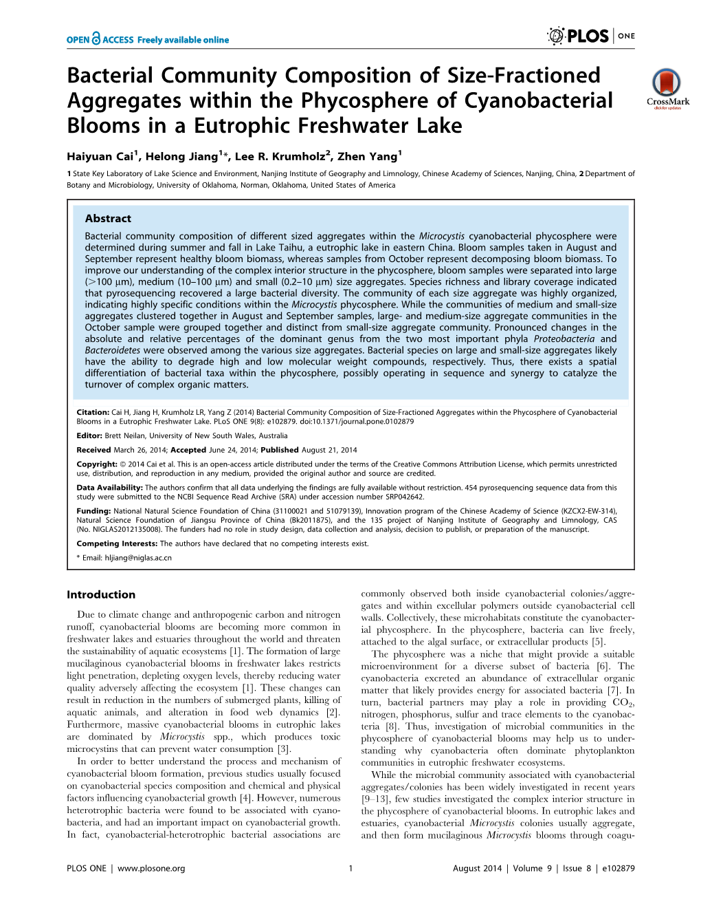 Bacterial Community Composition of Size-Fractioned Aggregates Within the Phycosphere of Cyanobacterial Blooms in a Eutrophic Freshwater Lake