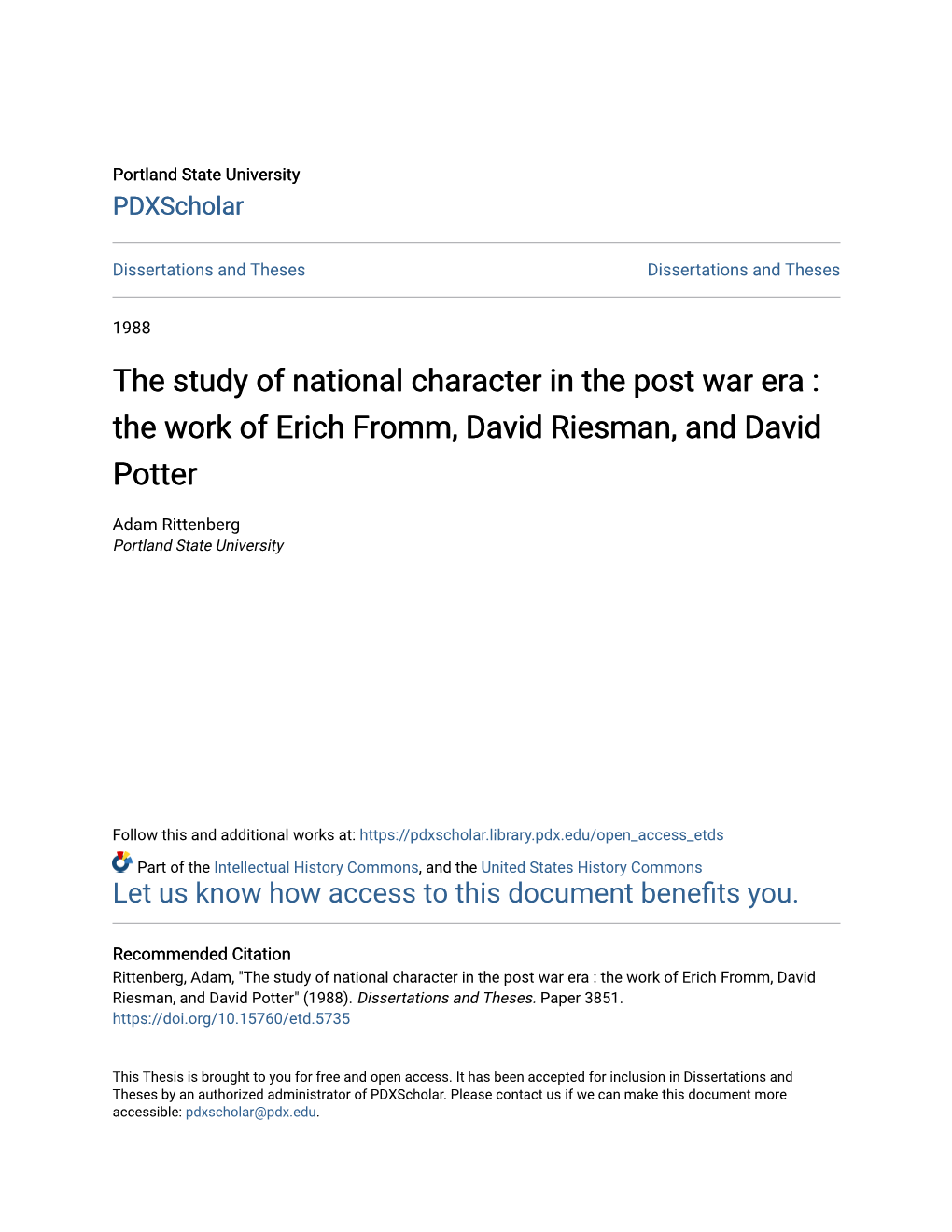The Work of Erich Fromm, David Riesman, and David Potter