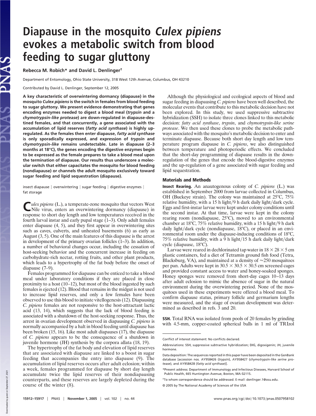 Diapause in the Mosquito Culex Pipiens Evokes a Metabolic Switch from Blood Feeding to Sugar Gluttony