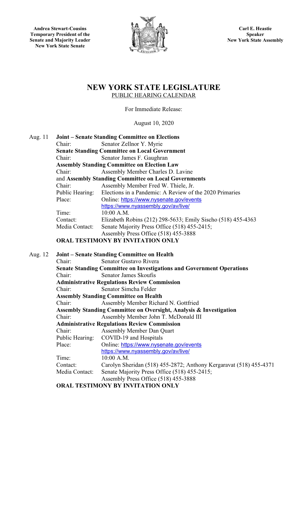 New York State Legislature Public Hearing Calendar