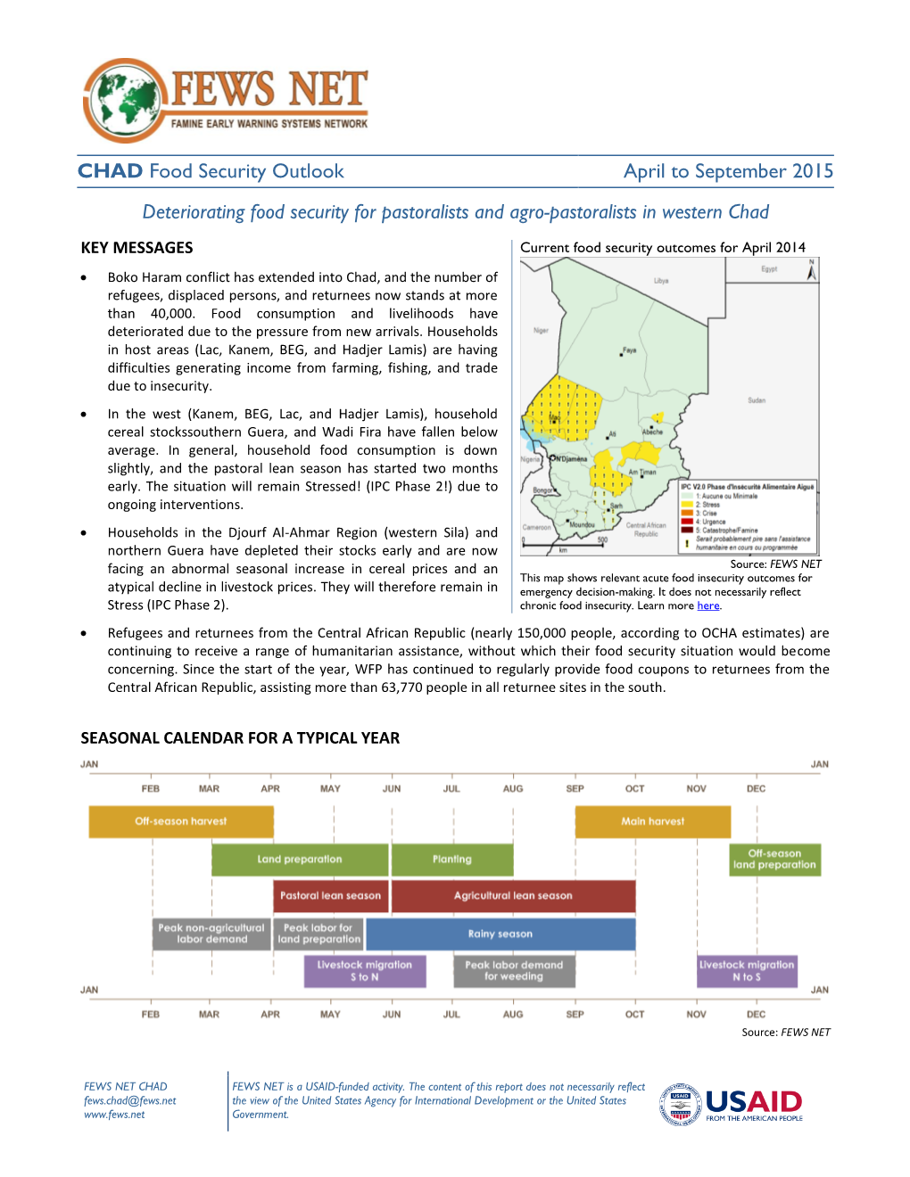 CHAD Food Security Outlook April to September 2015 Deteriorating Food