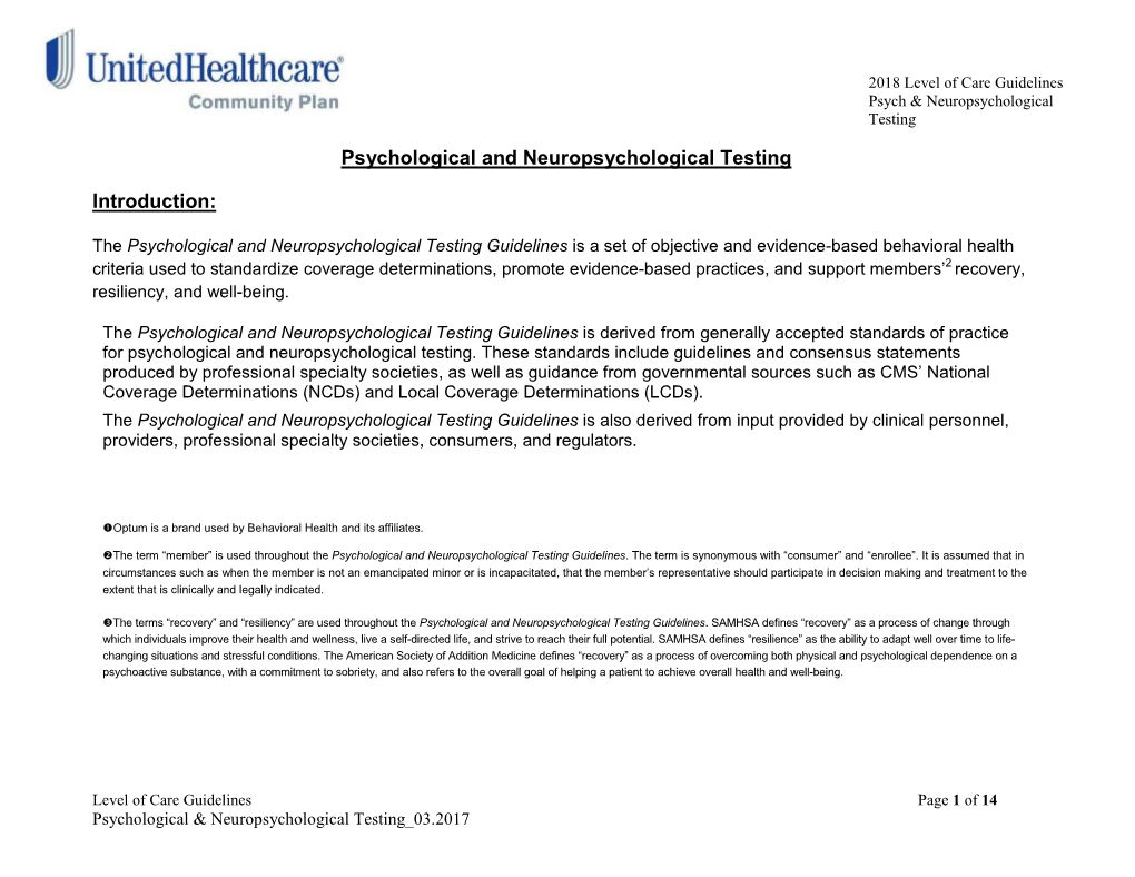 Psychological and Neuropsychological Testing