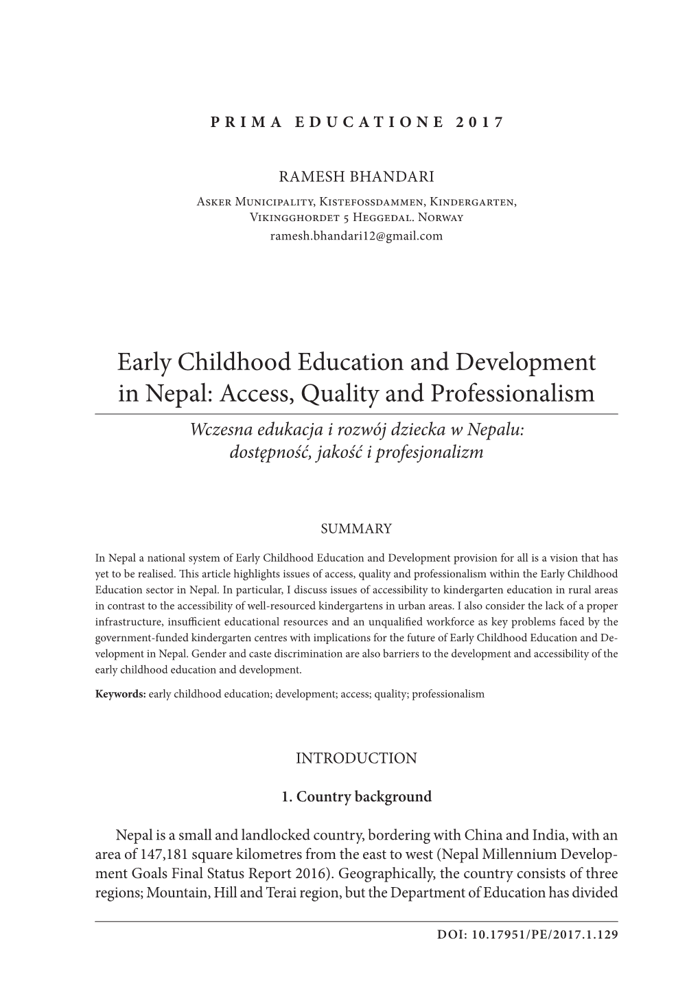 Early Childhood Education and Development in Nepal: Access, Quality and Professionalism