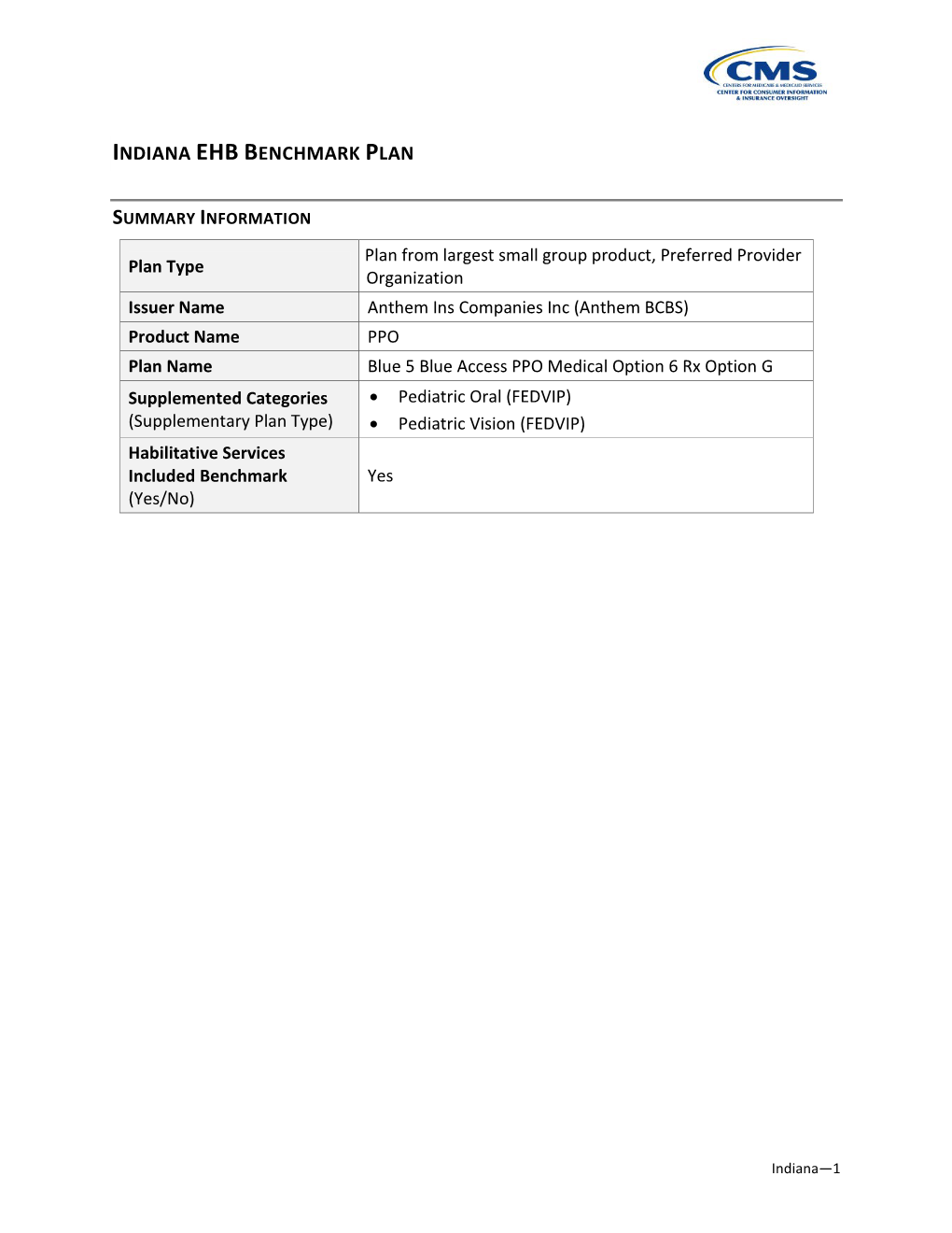 Indiana Ehb Benchmark Plan