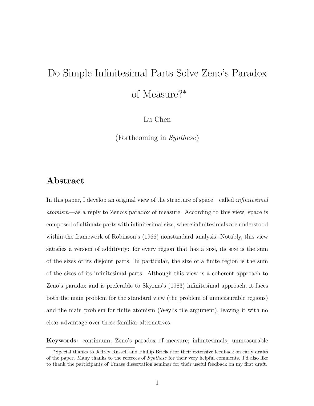 Do Simple Infinitesimal Parts Solve Zeno's Paradox of Measure?