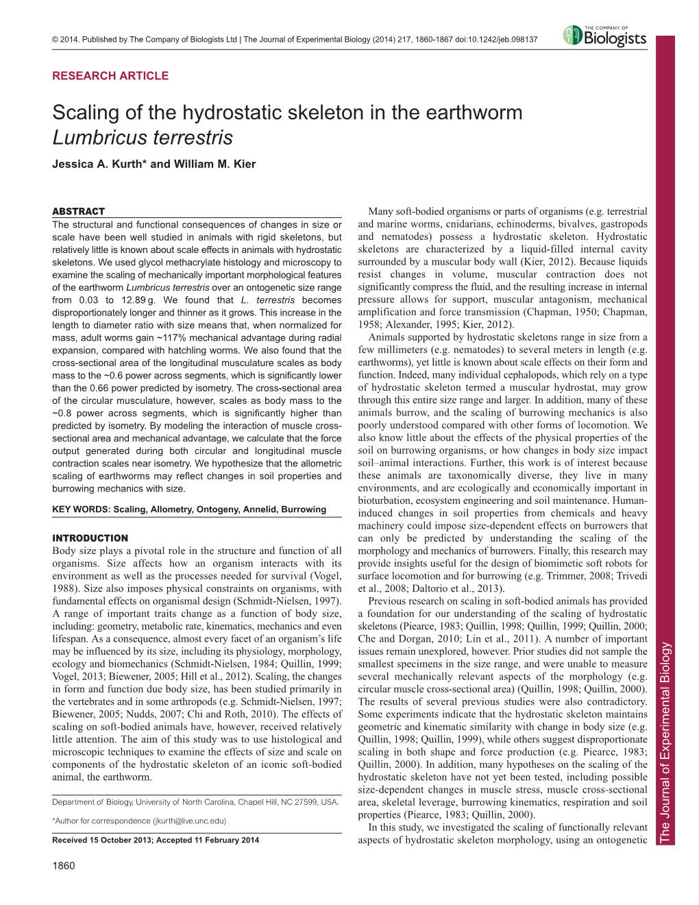 Scaling of the Hydrostatic Skeleton in the Earthworm Lumbricus Terrestris