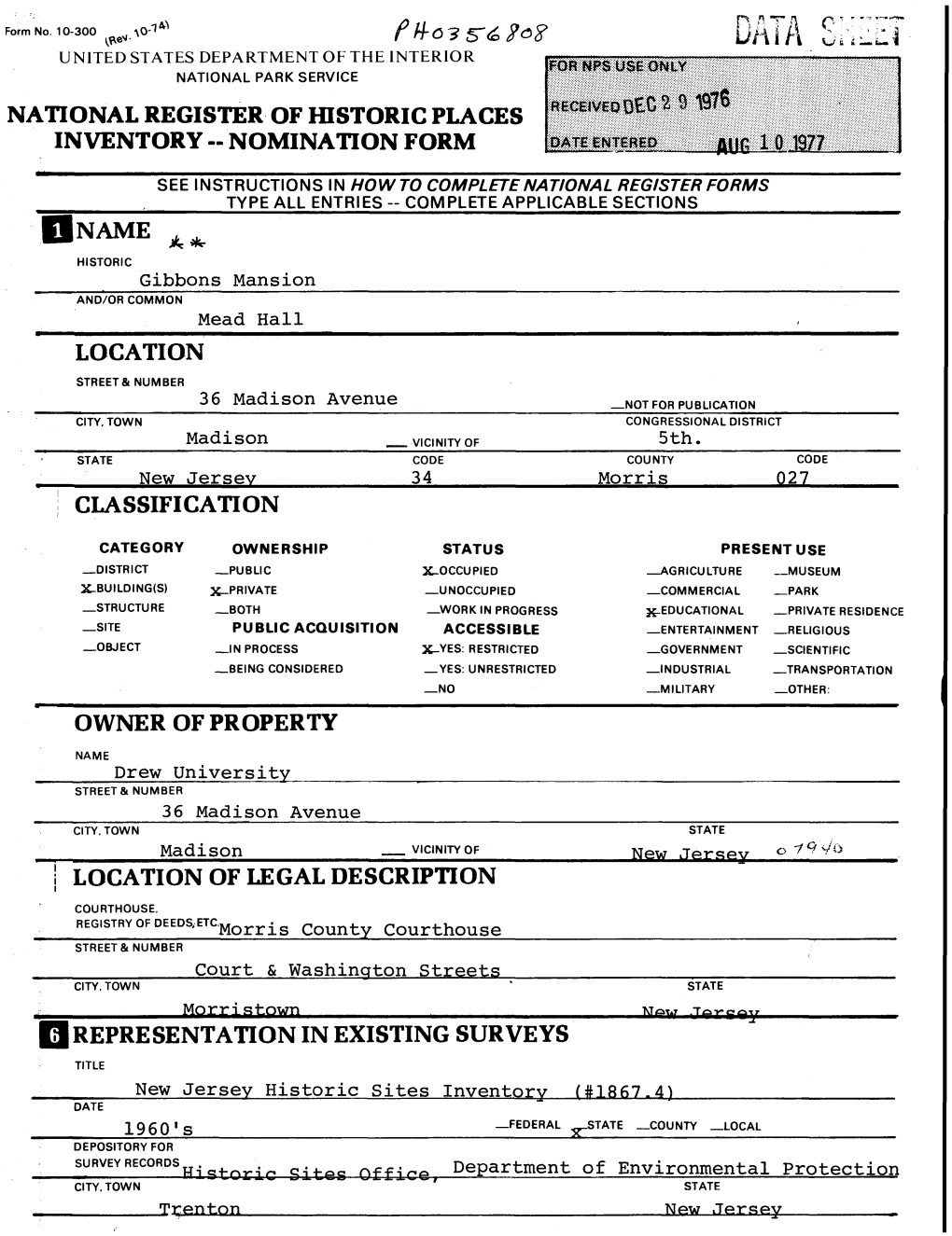 National Register of Historic Places Inventory -- Nomination Form