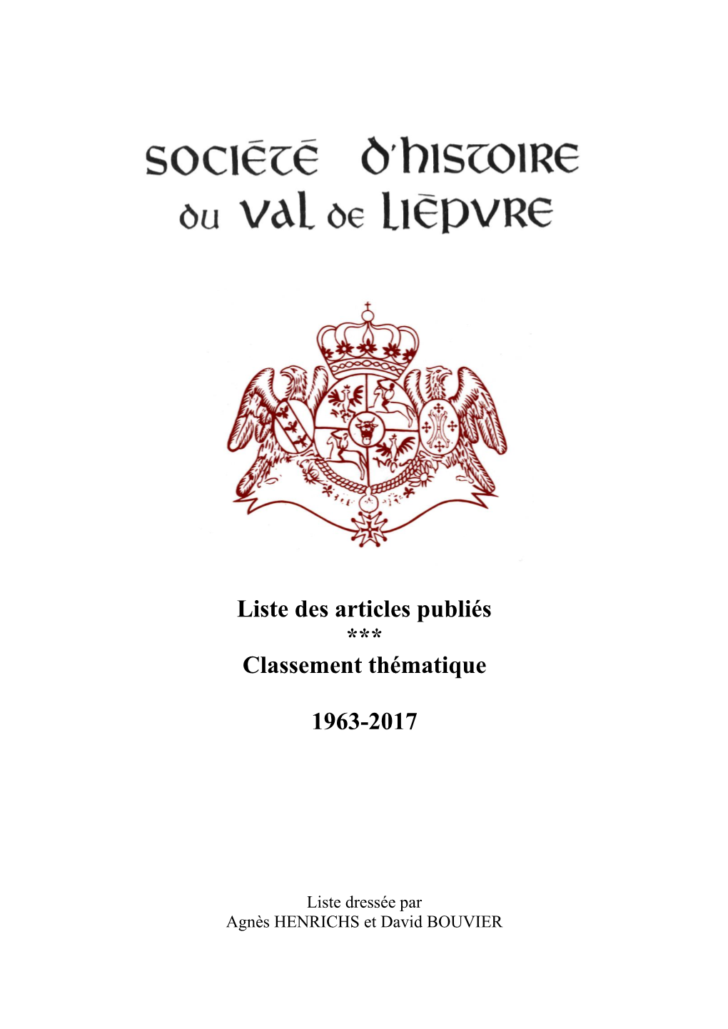 Liste Des Articles Publiés *** Classement Thématique 1963-2017