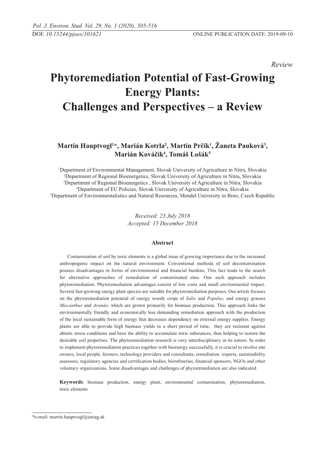 Phytoremediation Potential of Fast-Growing Energy Plants: Challenges and Perspectives – a Review