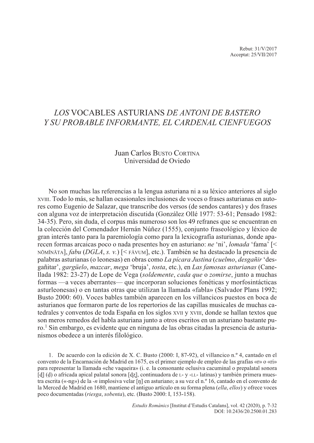 Los Vocables Asturians De Antoni De Bastero Y Su Probable Informante, El Cardenal Cienfuegos