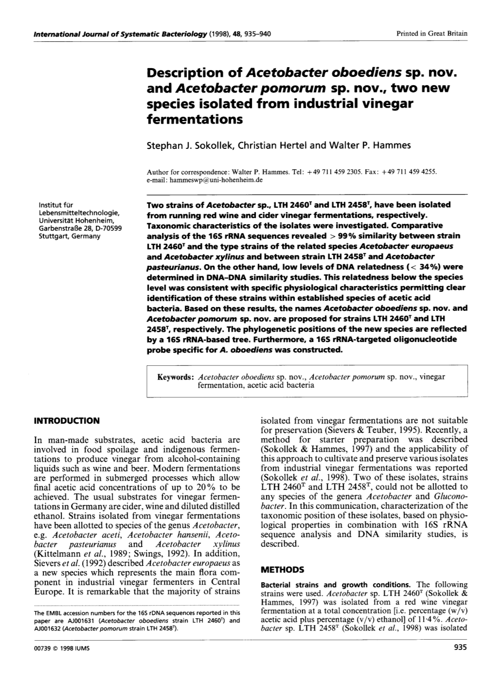 And Acetobacter Pornorurn Spm Nov., Two New Species Isolated from Industrial Vinegar Fermentations