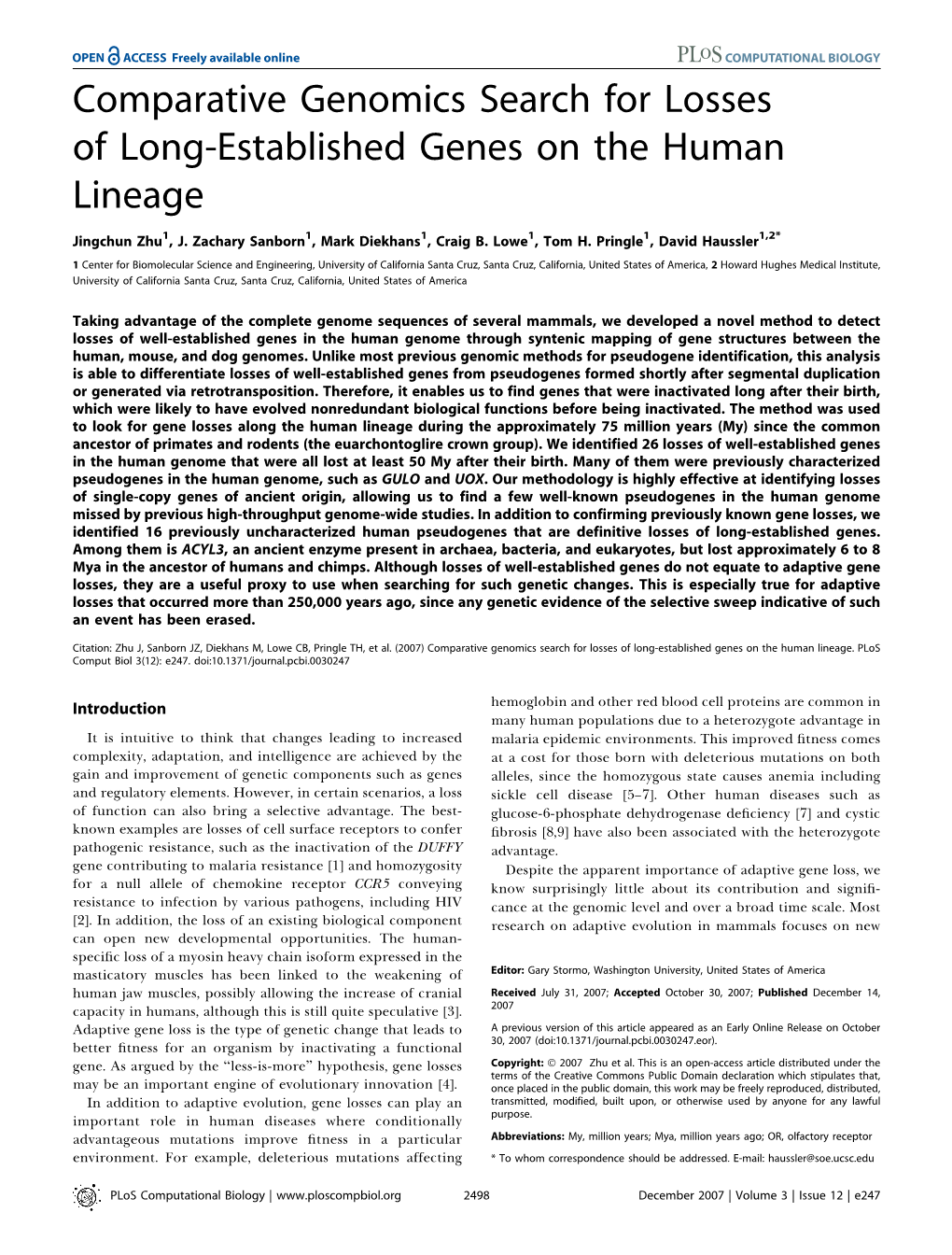 Comparative Genomics Search for Losses of Long-Established Genes on the Human Lineage