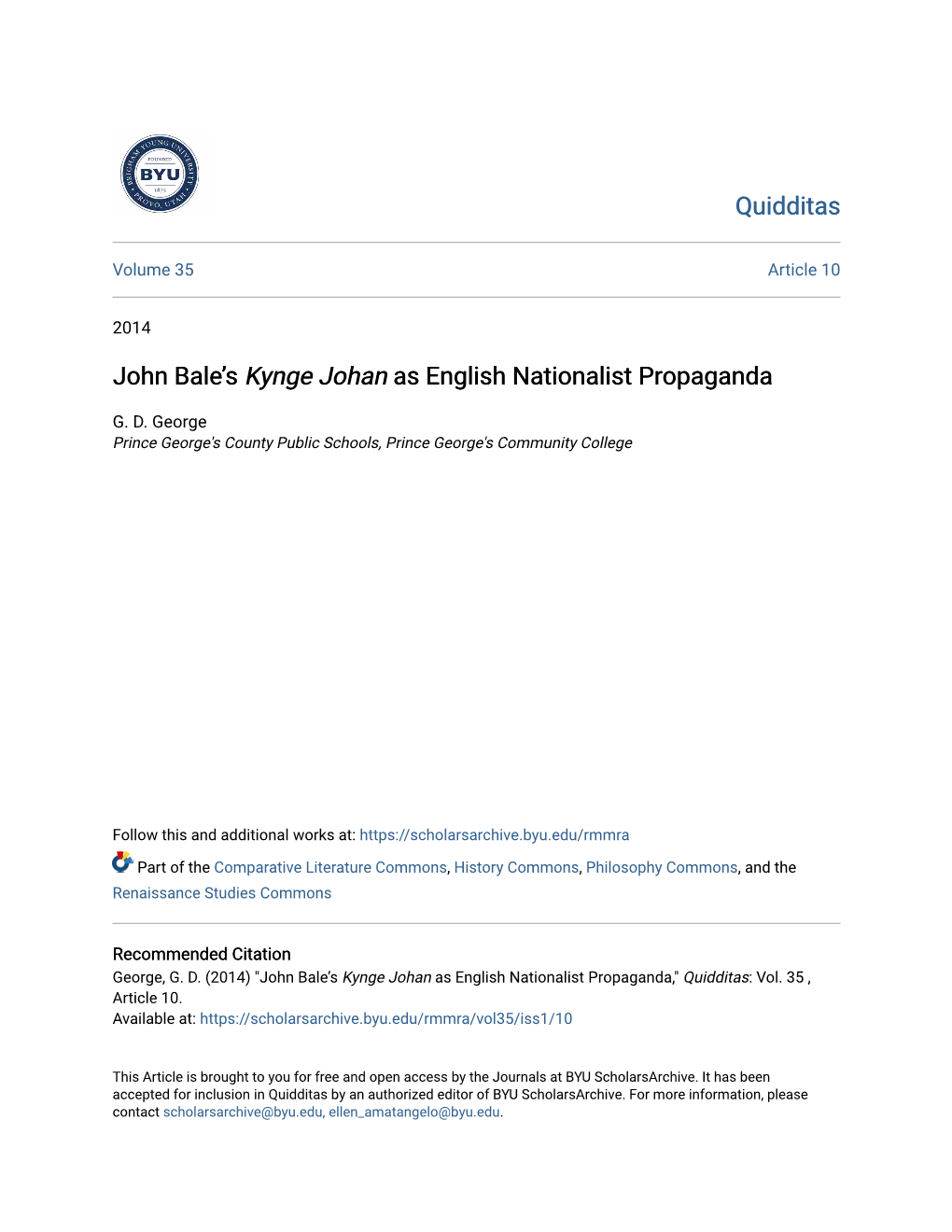 John Bale's <I>Kynge Johan</I> As English Nationalist Propaganda