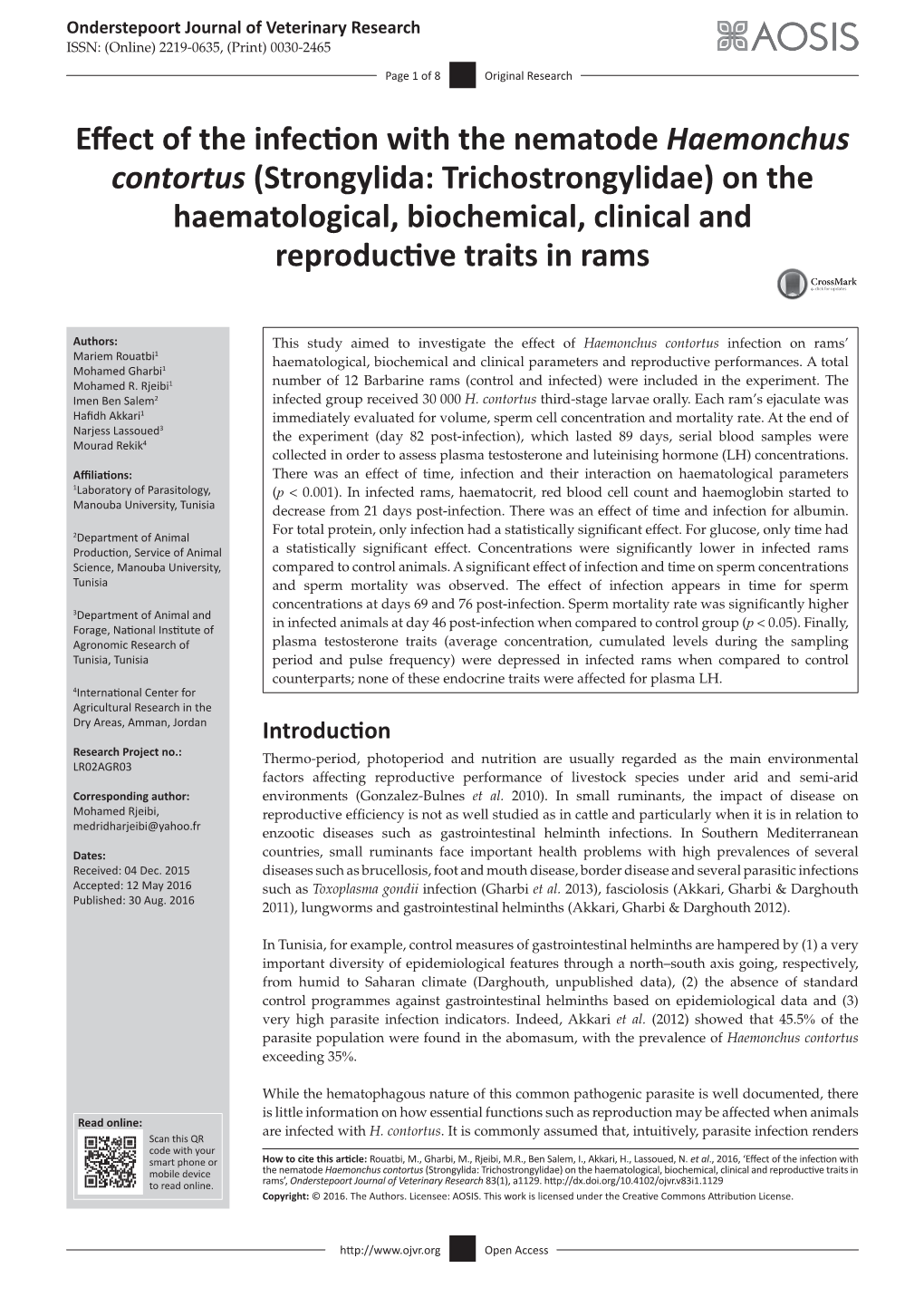 Strongylida: Trichostrongylidae) on the Haematological, Biochemical, Clinical and Reproductive Traits in Rams