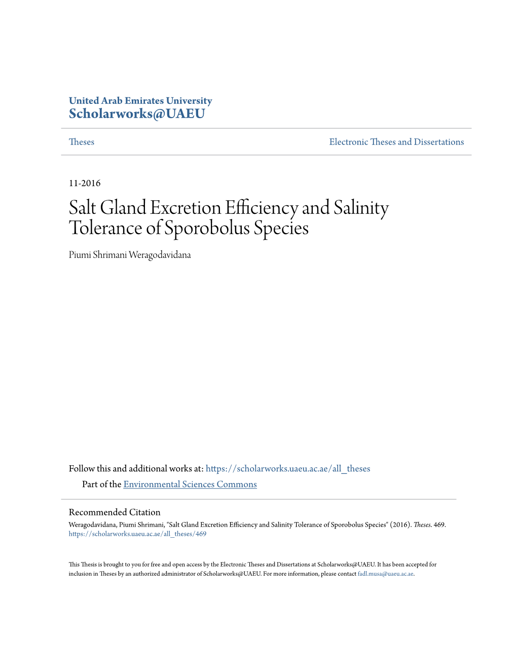 Salt Gland Excretion Efficiency and Salinity Tolerance of Sporobolus Species Piumi Shrimani Weragodavidana