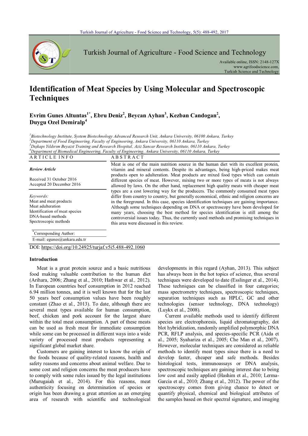 Identification of Meat Species by Using Molecular and Spectroscopic Techniques