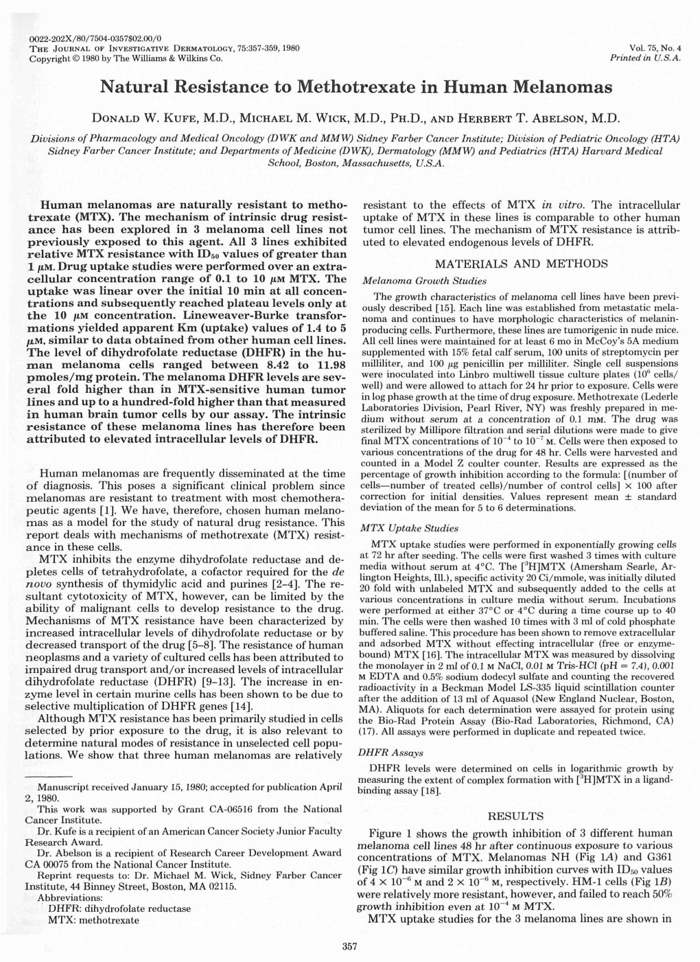 Natural Resistance to Methotrexate in Human Melanomas