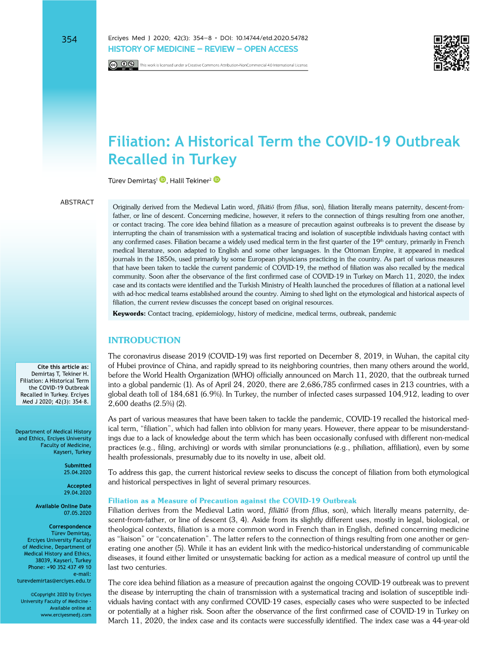 Filiation: a Historical Term the COVID-19 Outbreak Recalled in Turkey