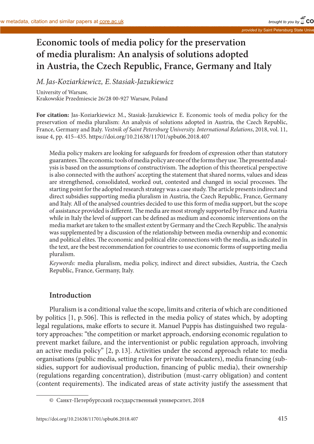 Economic Tools of Media Policy for the Preservation of Media Pluralism: an Analysis of Solutions Adopted in Austria, the Czech Republic, France, Germany and Italy M