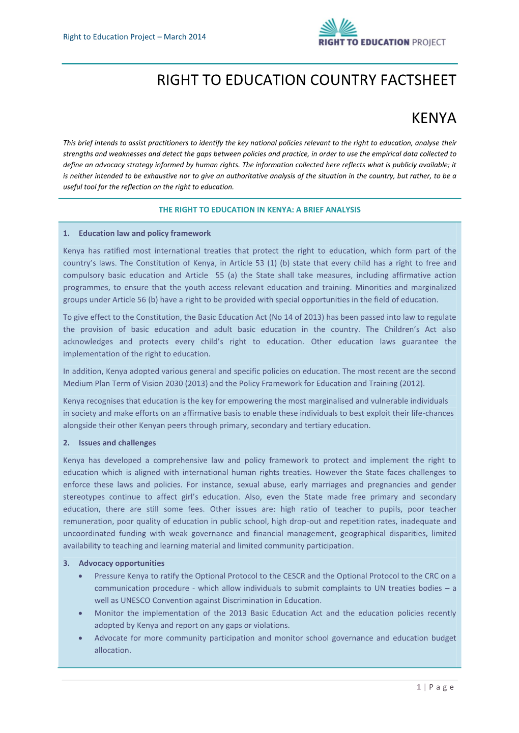 Right to Education Country Factsheet Kenya