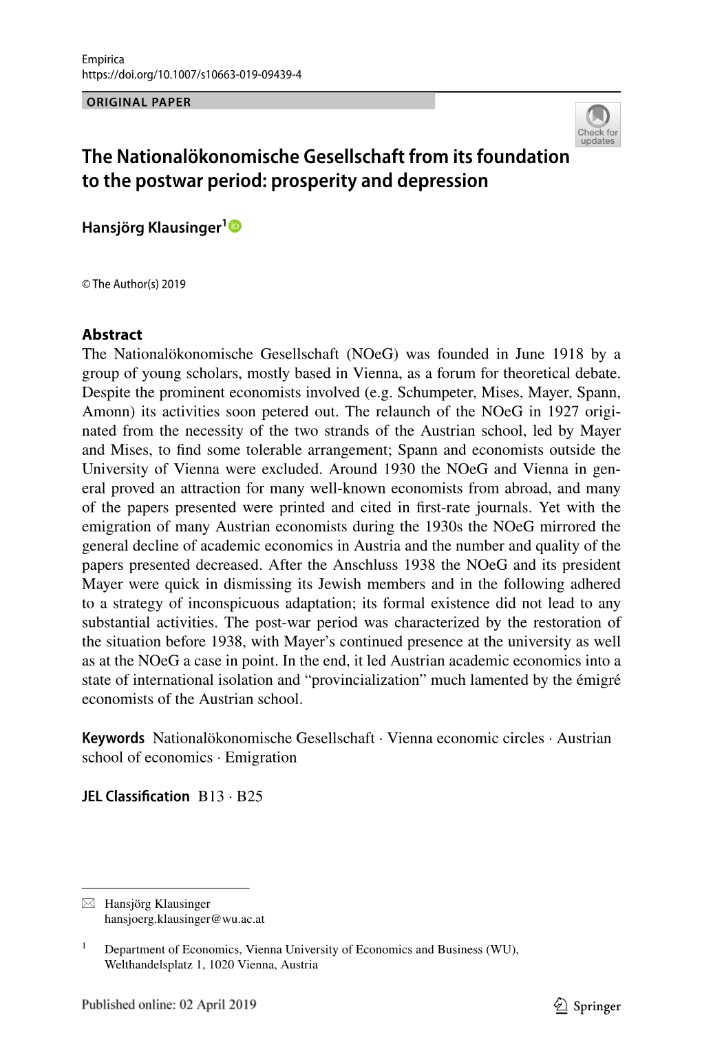 The Nationalökonomische Gesellschaft from Its Foundation to the Postwar Period: Prosperity and Depression